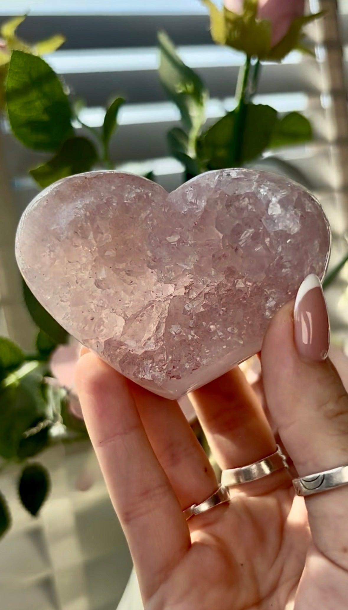 Gorgeous, high quality, pink amethyst quartz heart- comes with stand