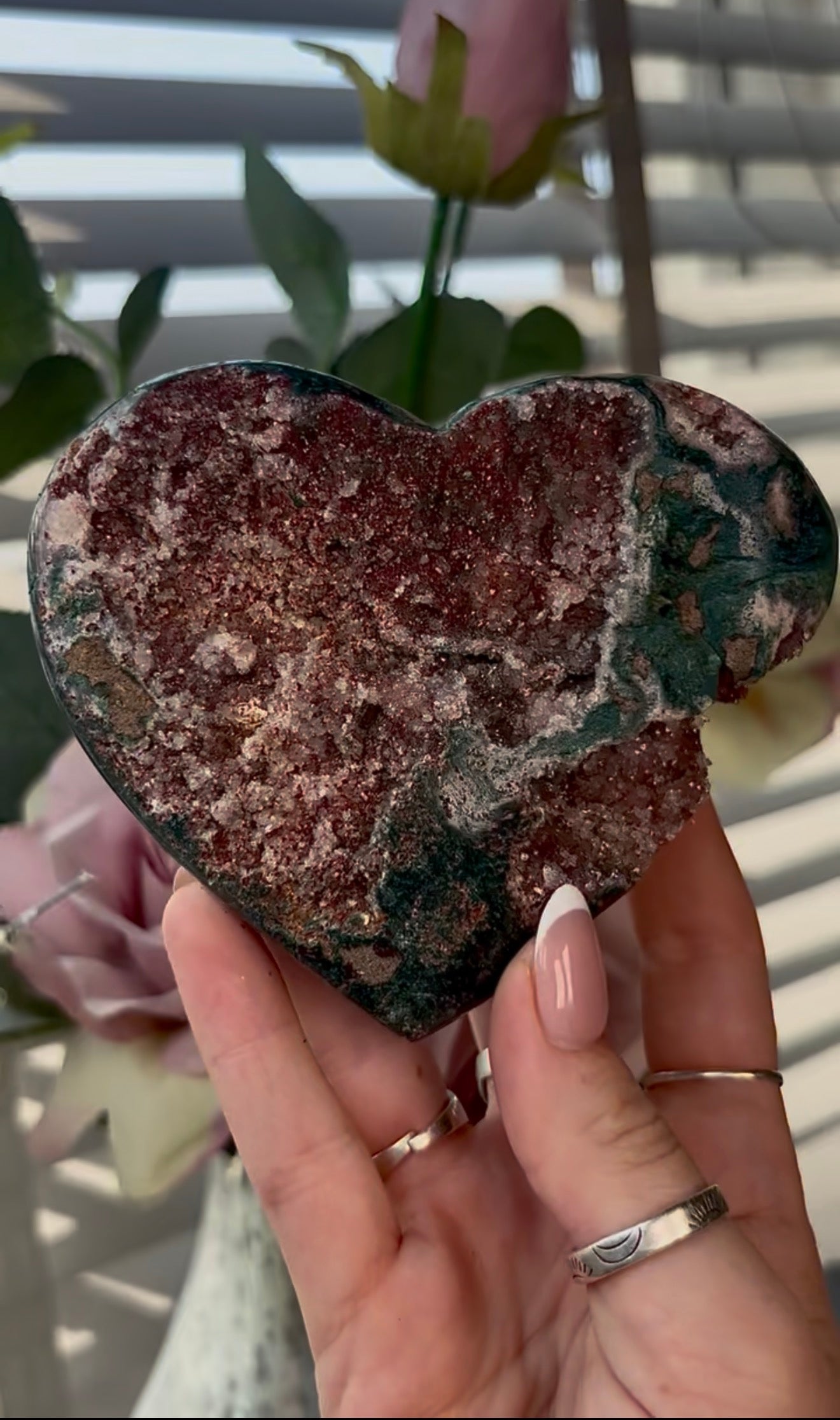 Gorgeous, high quality, pink amethyst heart with Jasper - comes with stand