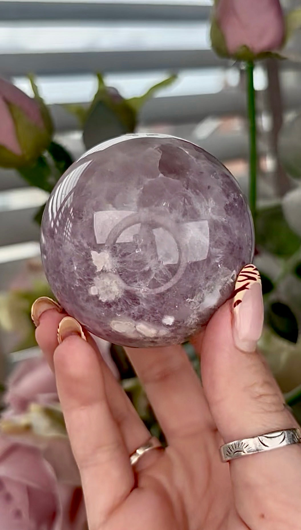 High grade, amethyst Flower agate sphere with high clarity quartz