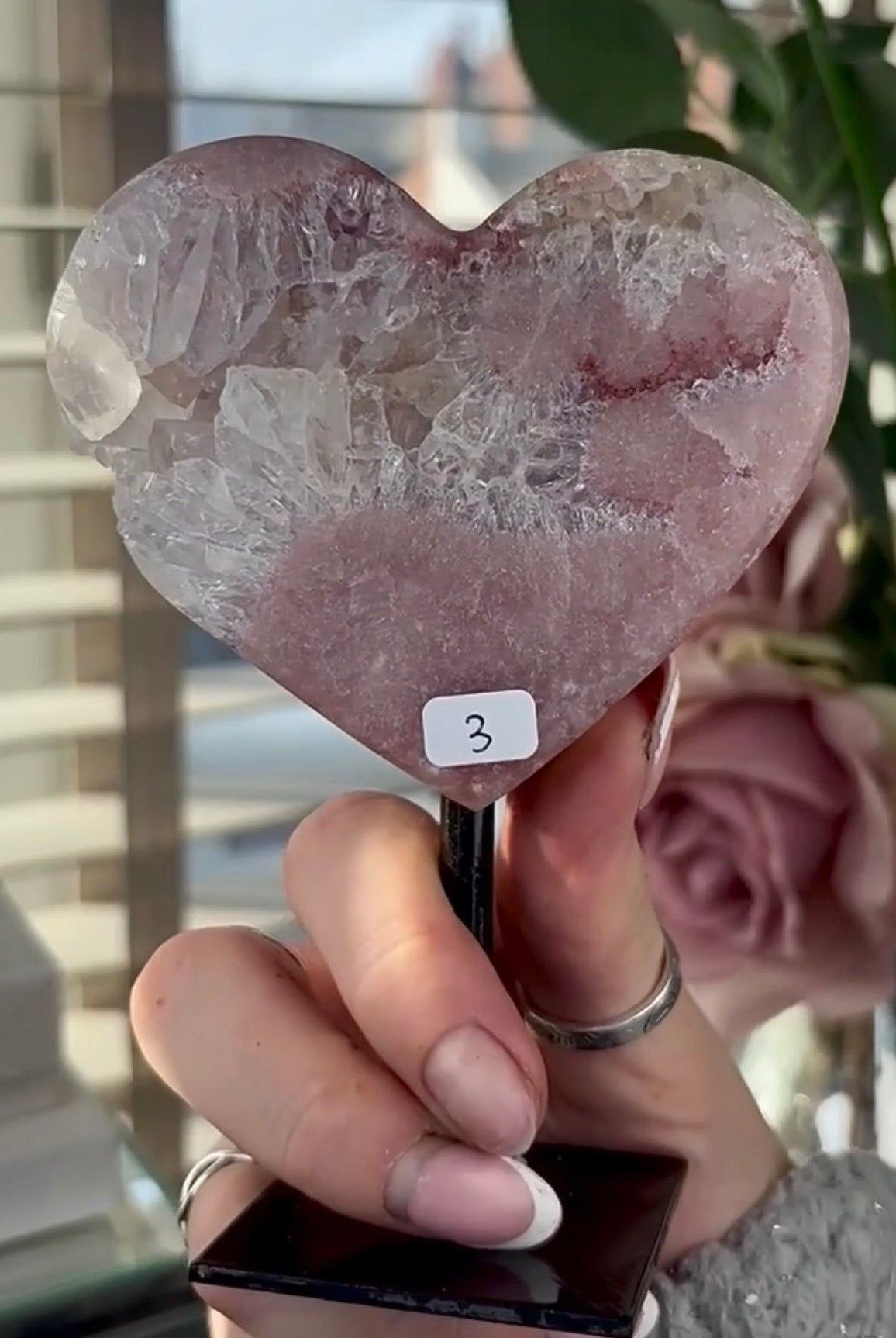 High quality pink amethyst heart with quartz - comes with stand