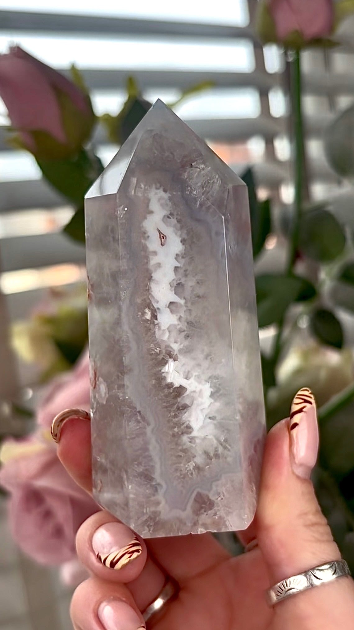 Stunning!! Super high quality, Druzy, green chlorite x blue flower agate tower