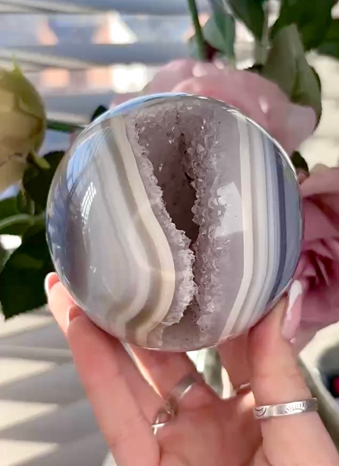 Gorgeous, high grade, blue banded amethyst agate sphere