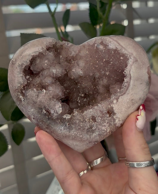 Beautiful pink amethyst heart - comes with stand (11cm)