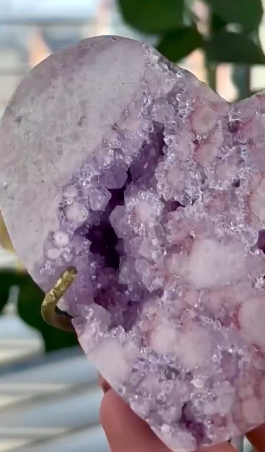 High quality pink amethyst heart with quartz - comes with stand