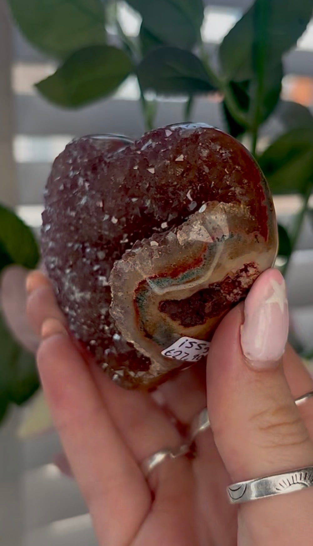 Uruguay, rainbow amethyst heart - comes with stand