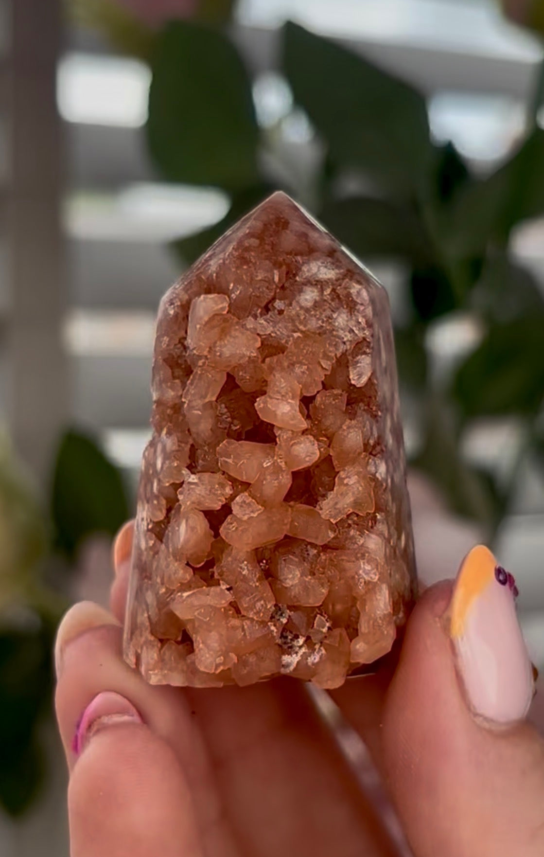 Mini, Pink amethyst tower in burnt orange tones with chewing gum druzy