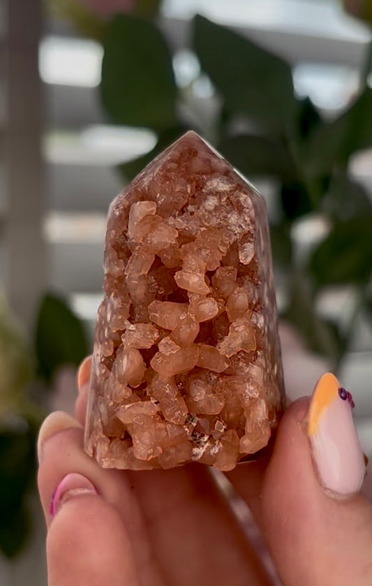 Mini, Pink amethyst tower in burnt orange tones with chewing gum druzy