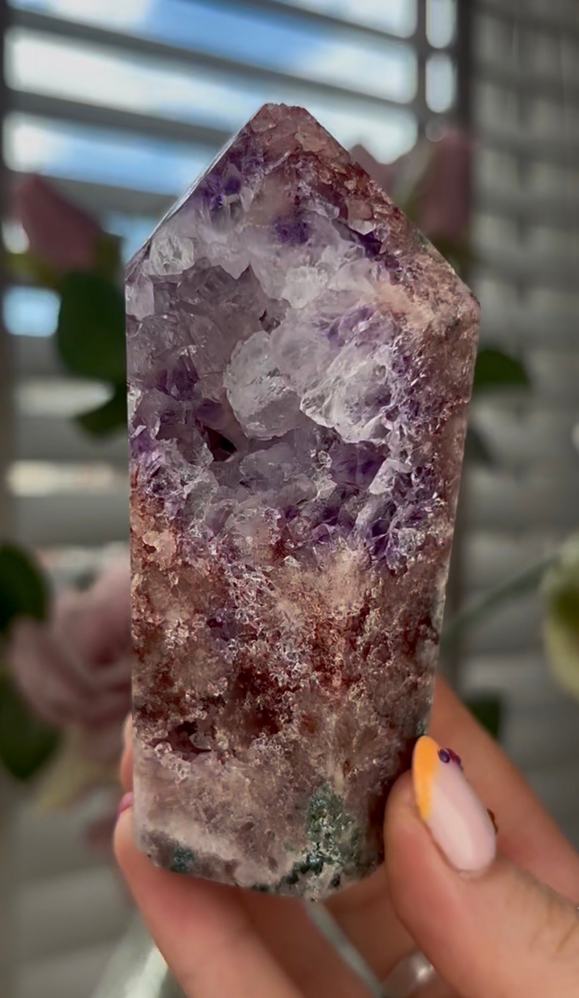 Beautiful, high quality, Pink amethyst tower with purple & quartz druzy with green jasper