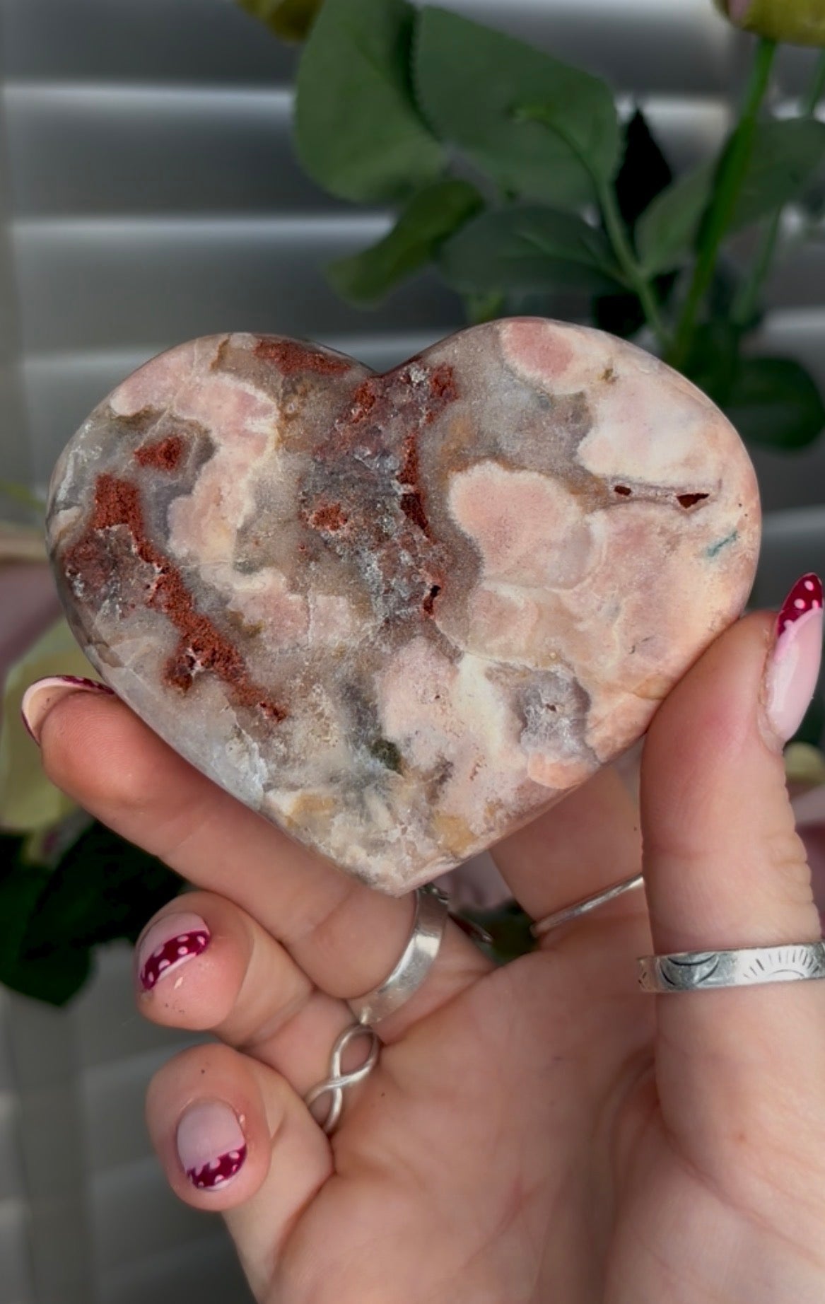 Gorgeous pink amethyst & jasper heart in peach tones  - comes with stand