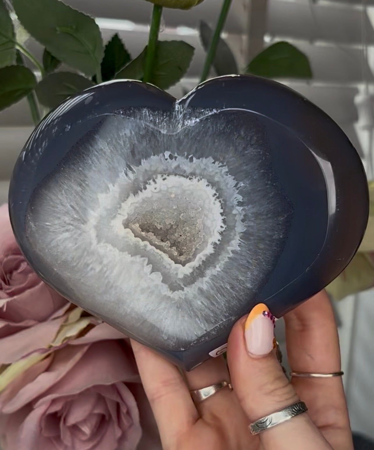 Beautiful, high grade, blue agate heart with druzy - comes with stand