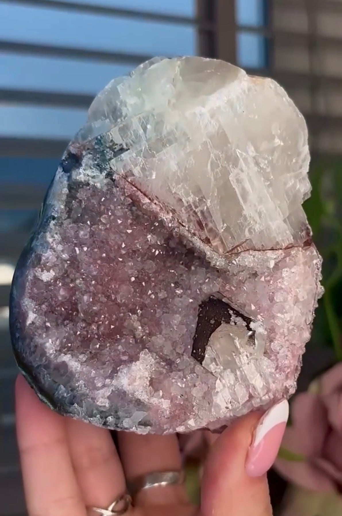 High quality, lavender, pink toned, double cave rainbow amethyst, cutbase with calcite
