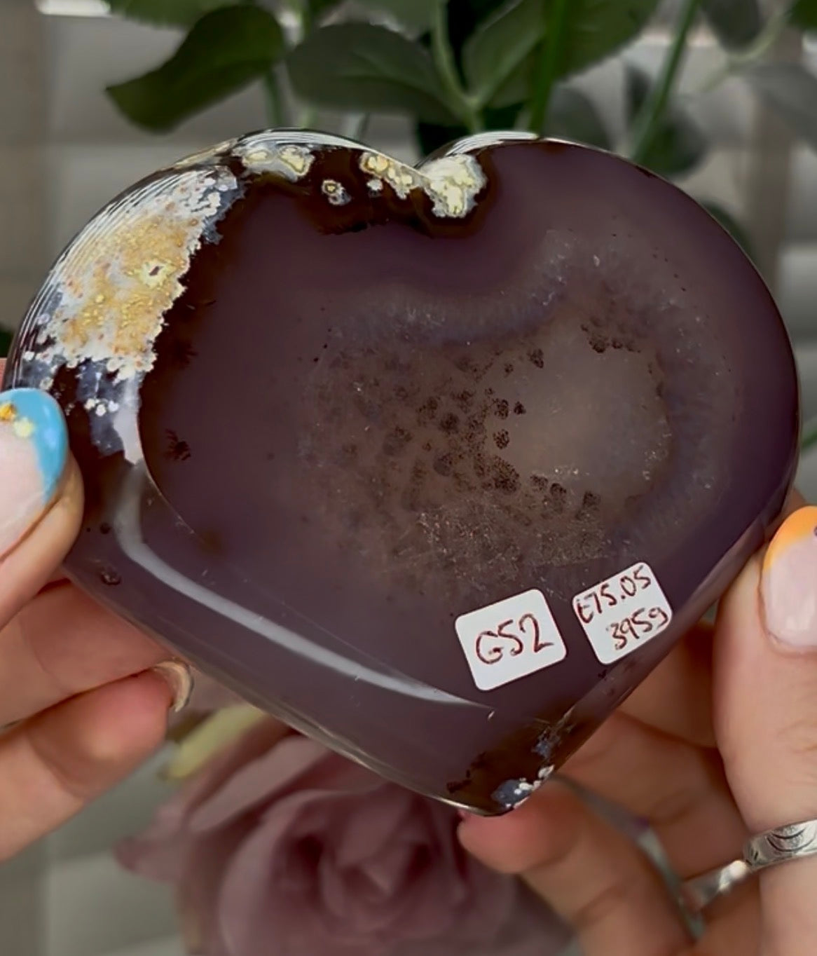 Beautiful, high grade, agate heart with druzy - comes with stand