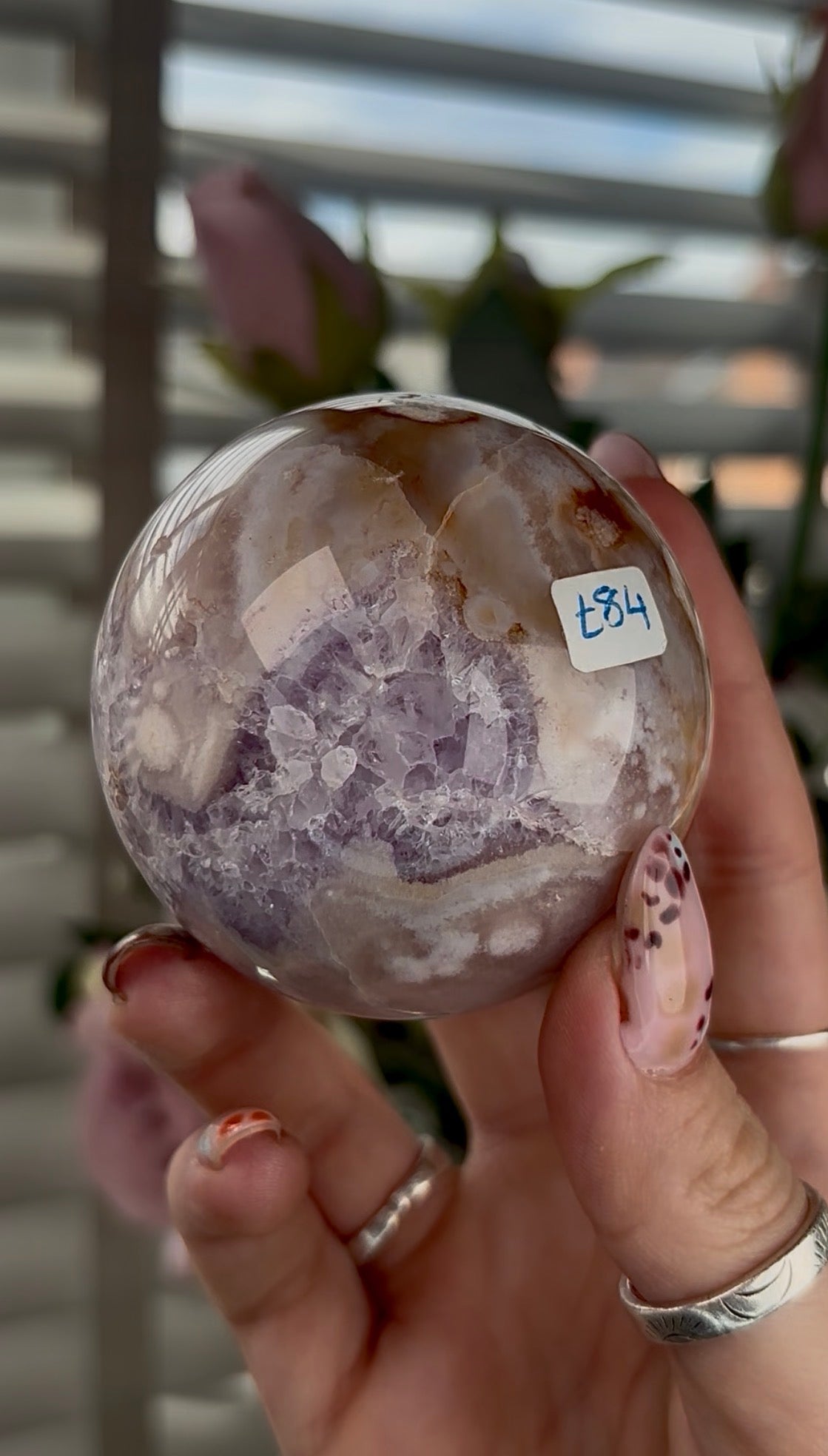 High grade, amethyst Flower agate sphere with druzy quartz