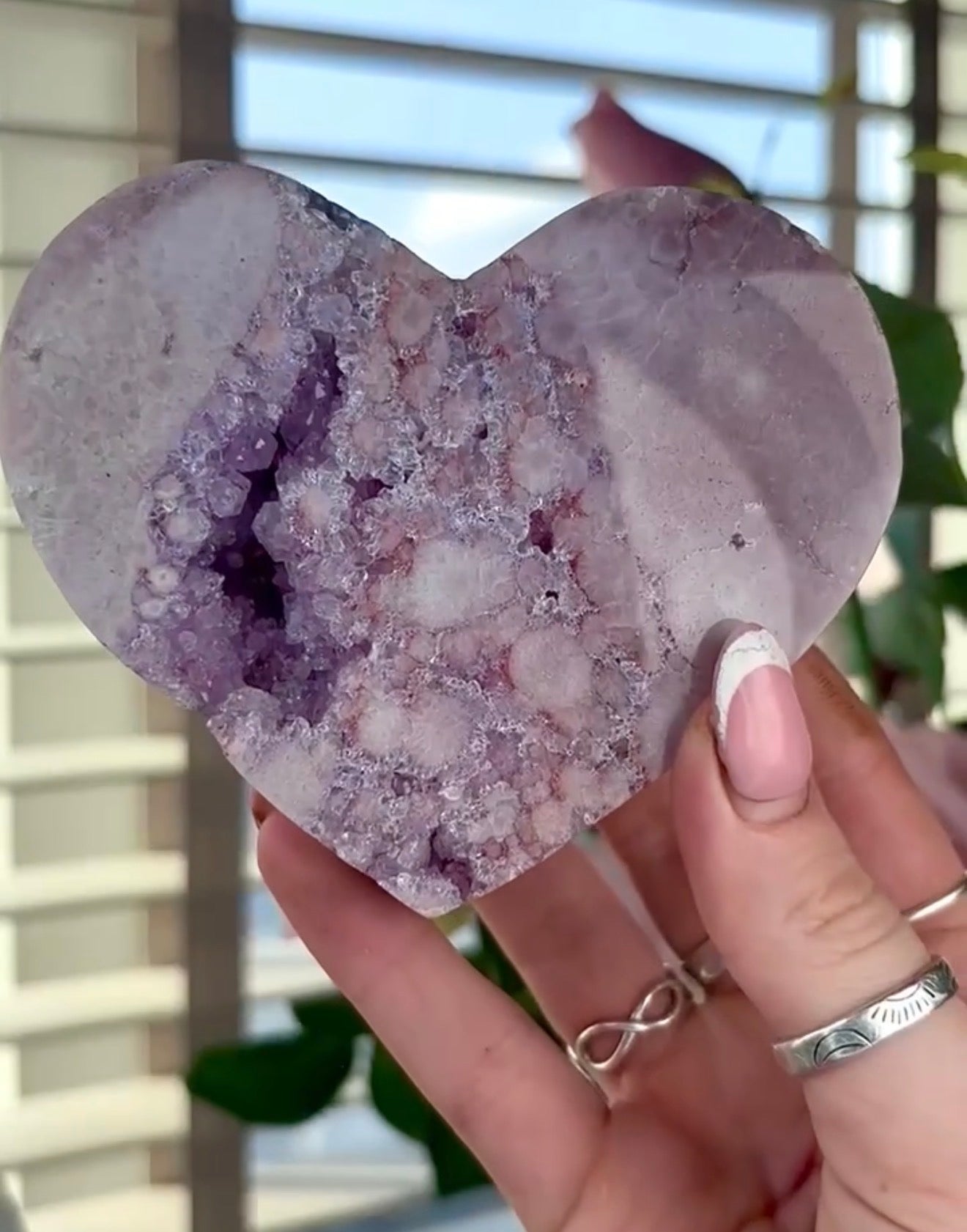High quality pink amethyst heart with quartz - comes with stand