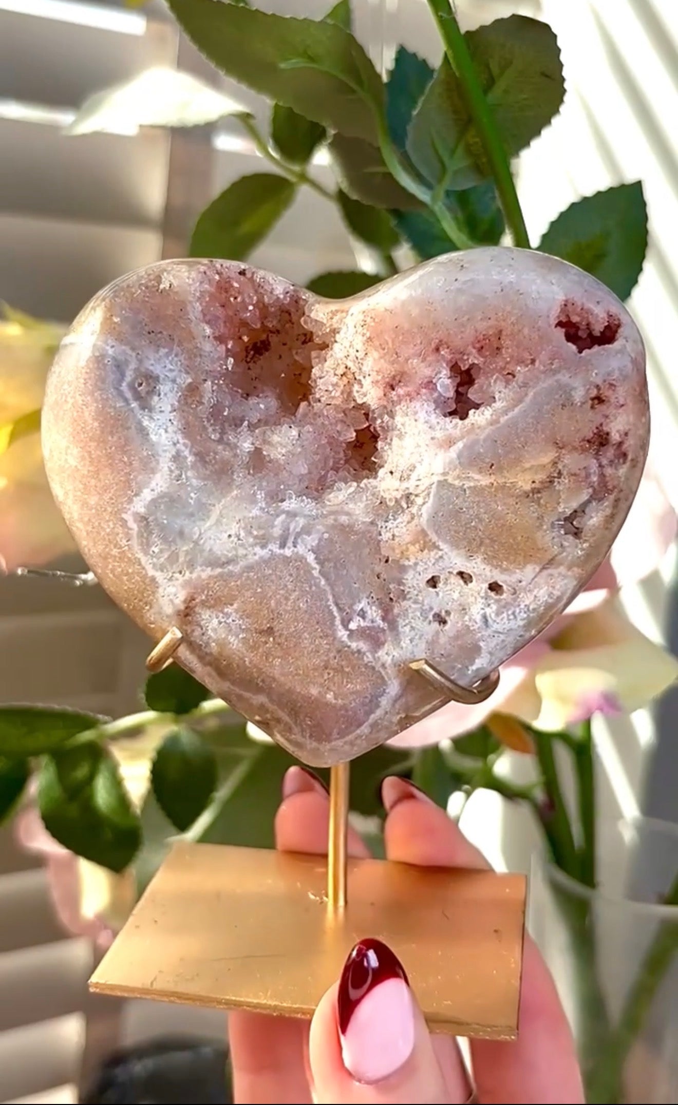 pink amethyst heart - comes with stand