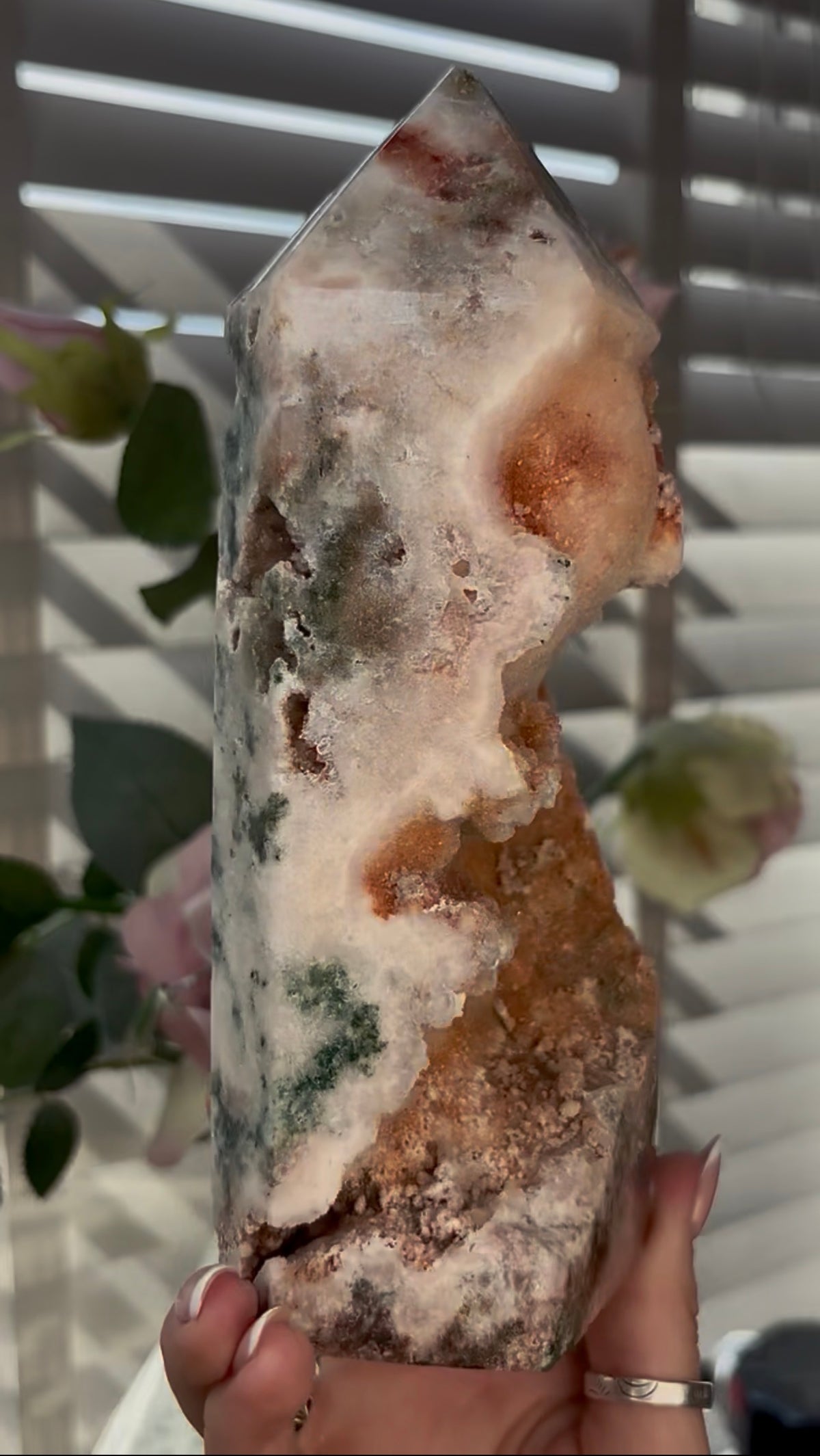 Beautiful, Pink amethyst tower with Jasper 19.5cm(h) by 7.5cm(w)