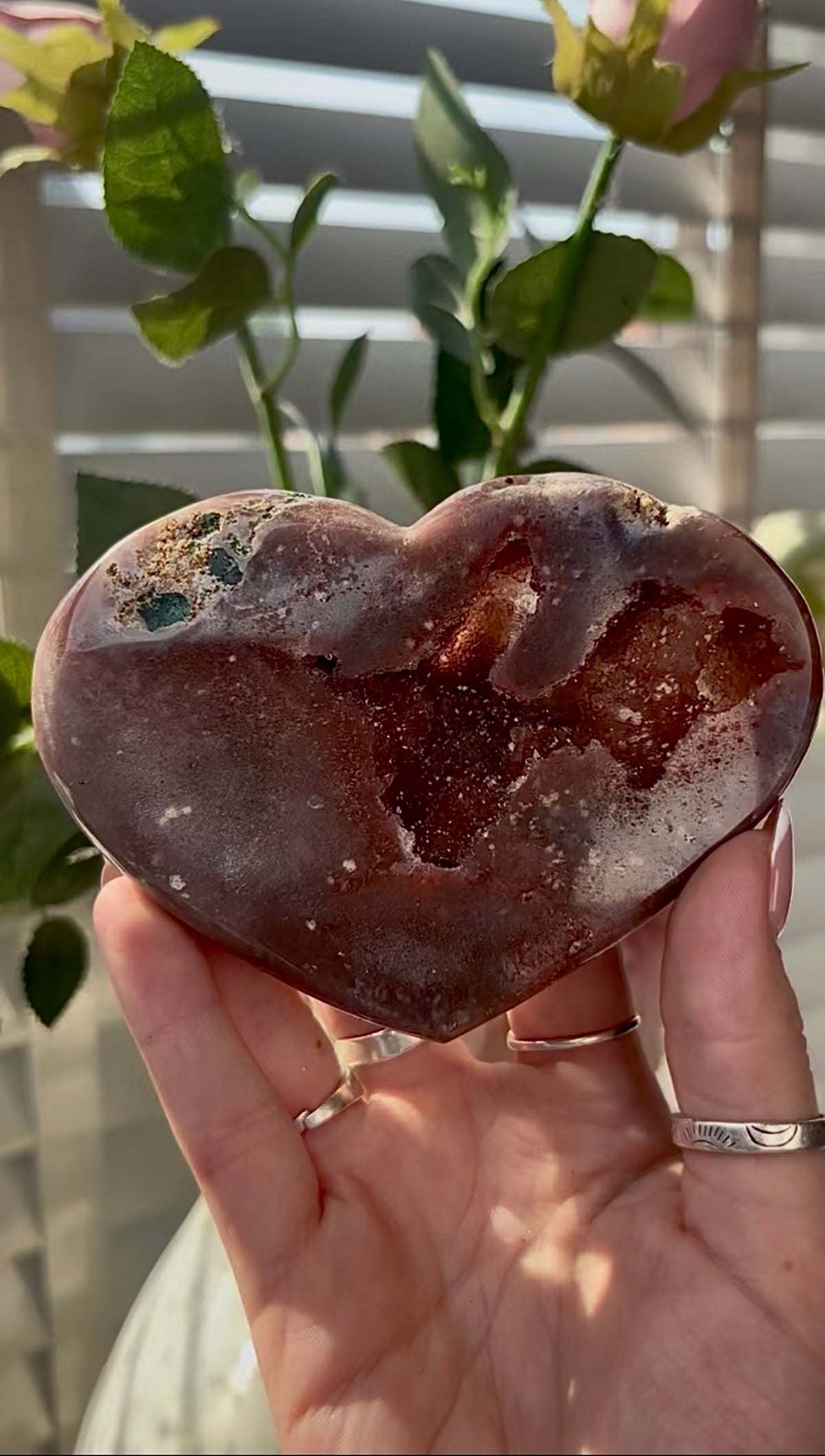Gorgeous, high quality, berry red pink amethyst heart- comes with stand