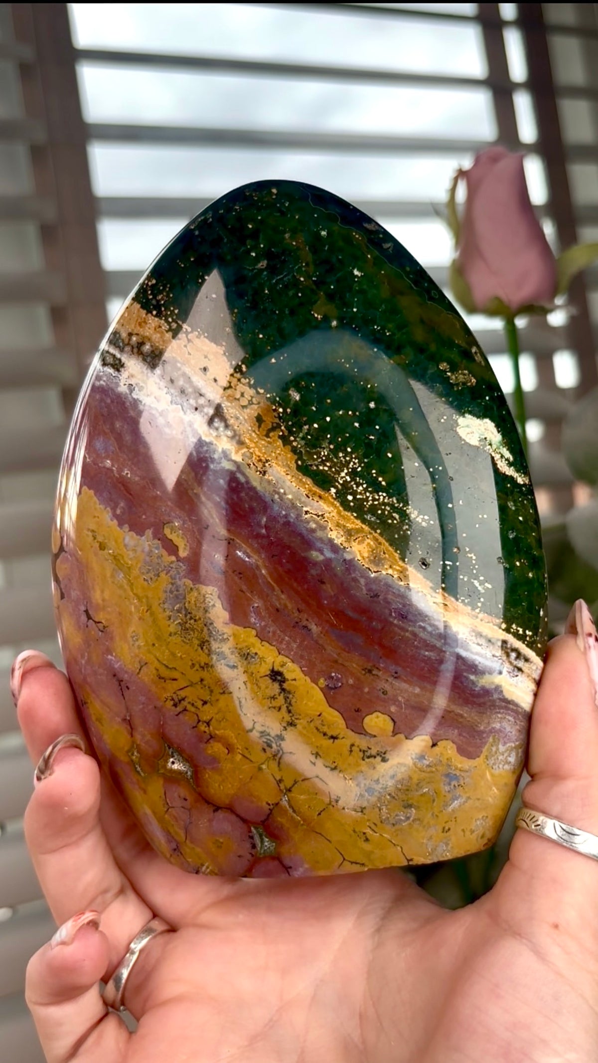 High quality, purple, mustard & green ocean jasper Freeform 13.5cm(h) 10cm(w)