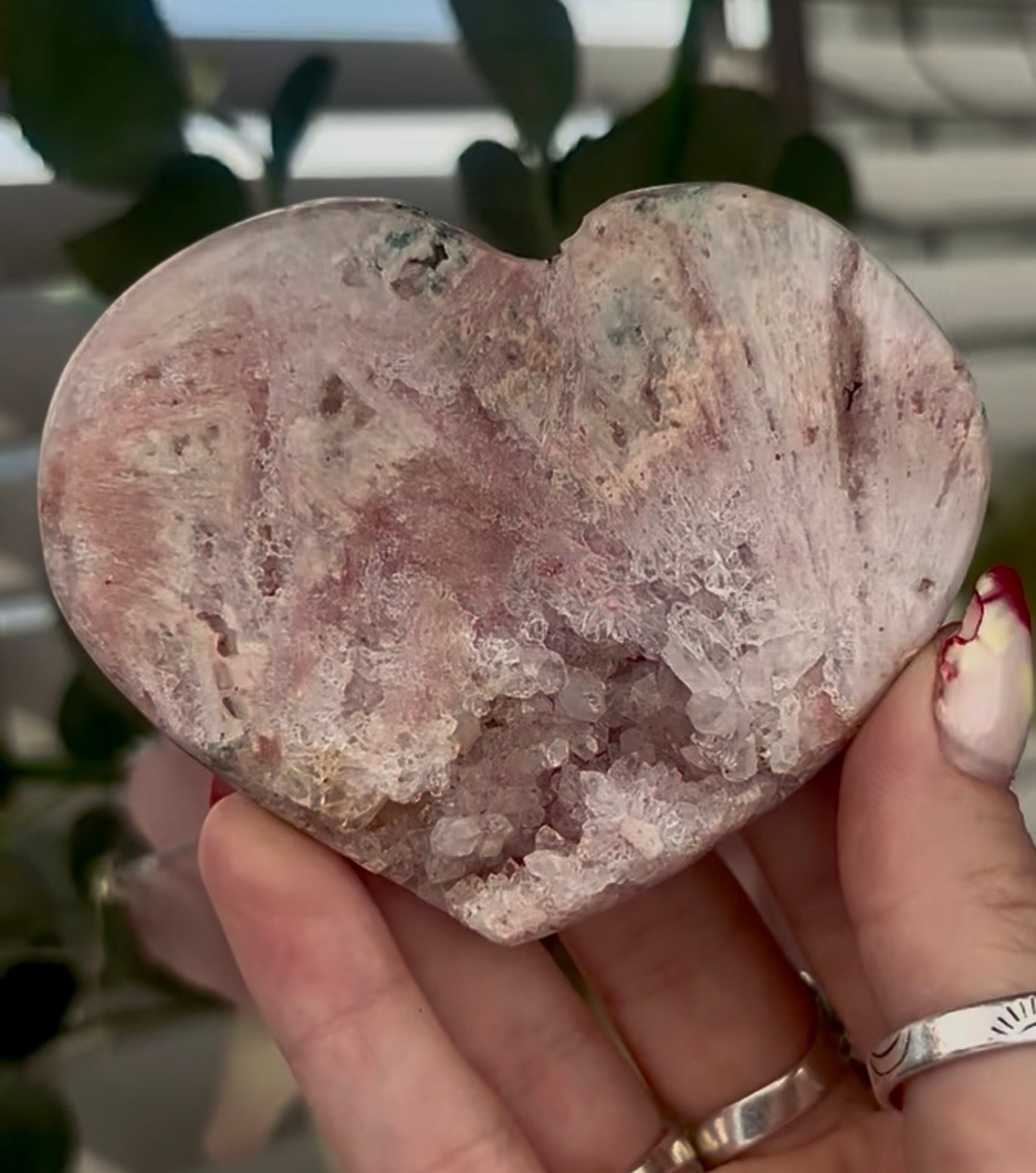 pink amethyst heart with rutile - comes with stand