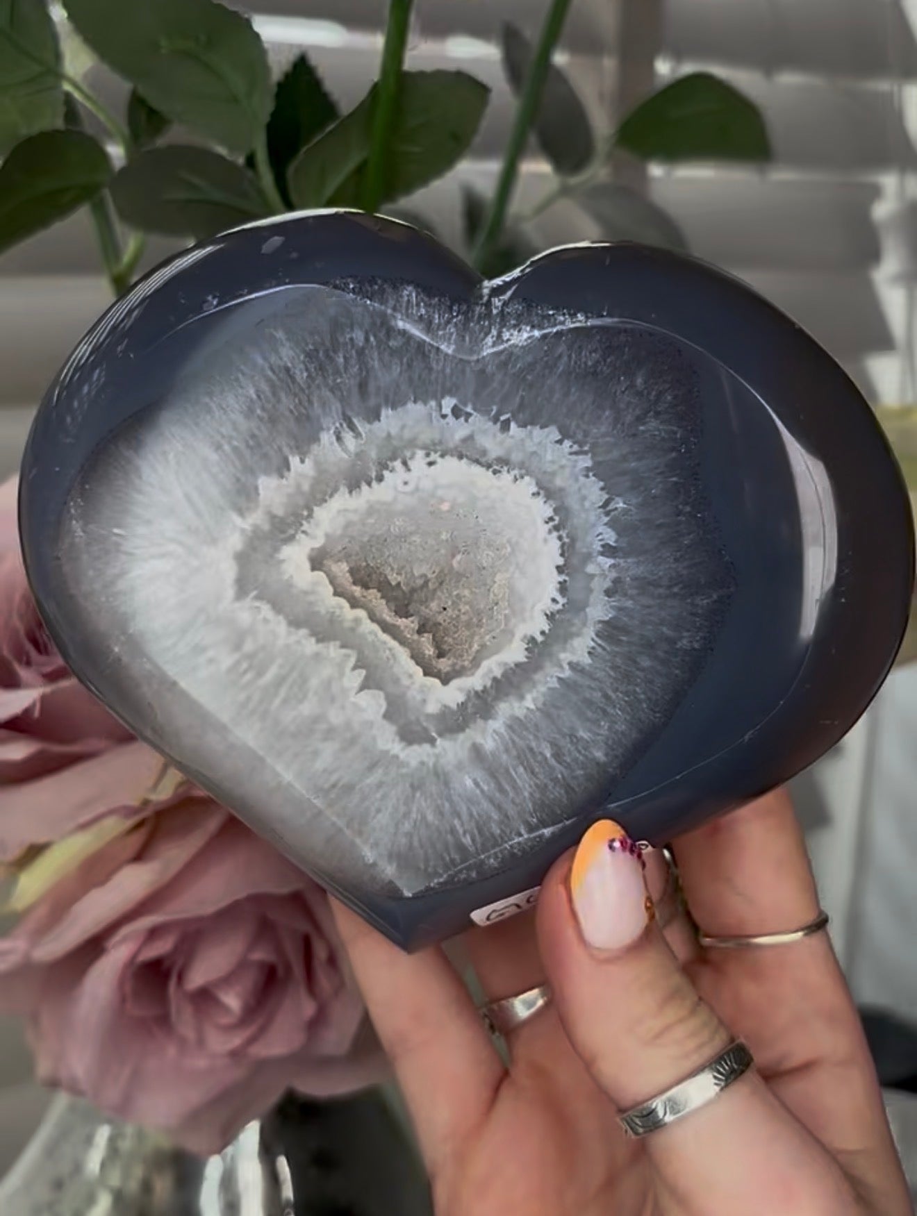 Beautiful, high grade, blue agate heart with druzy - comes with stand