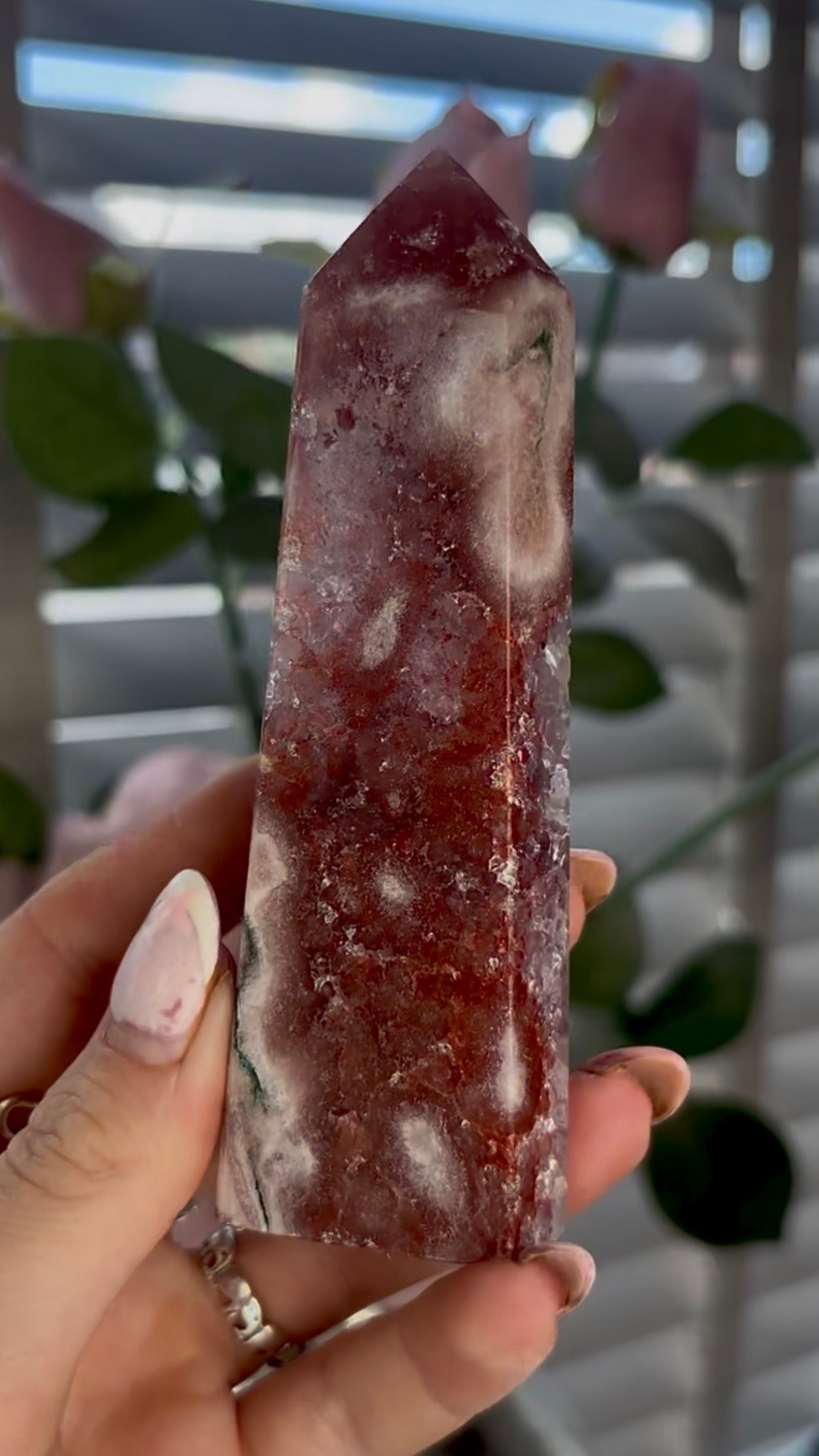 Beautiful, high quality, Pink amethyst tower with quartz & Green jasper
