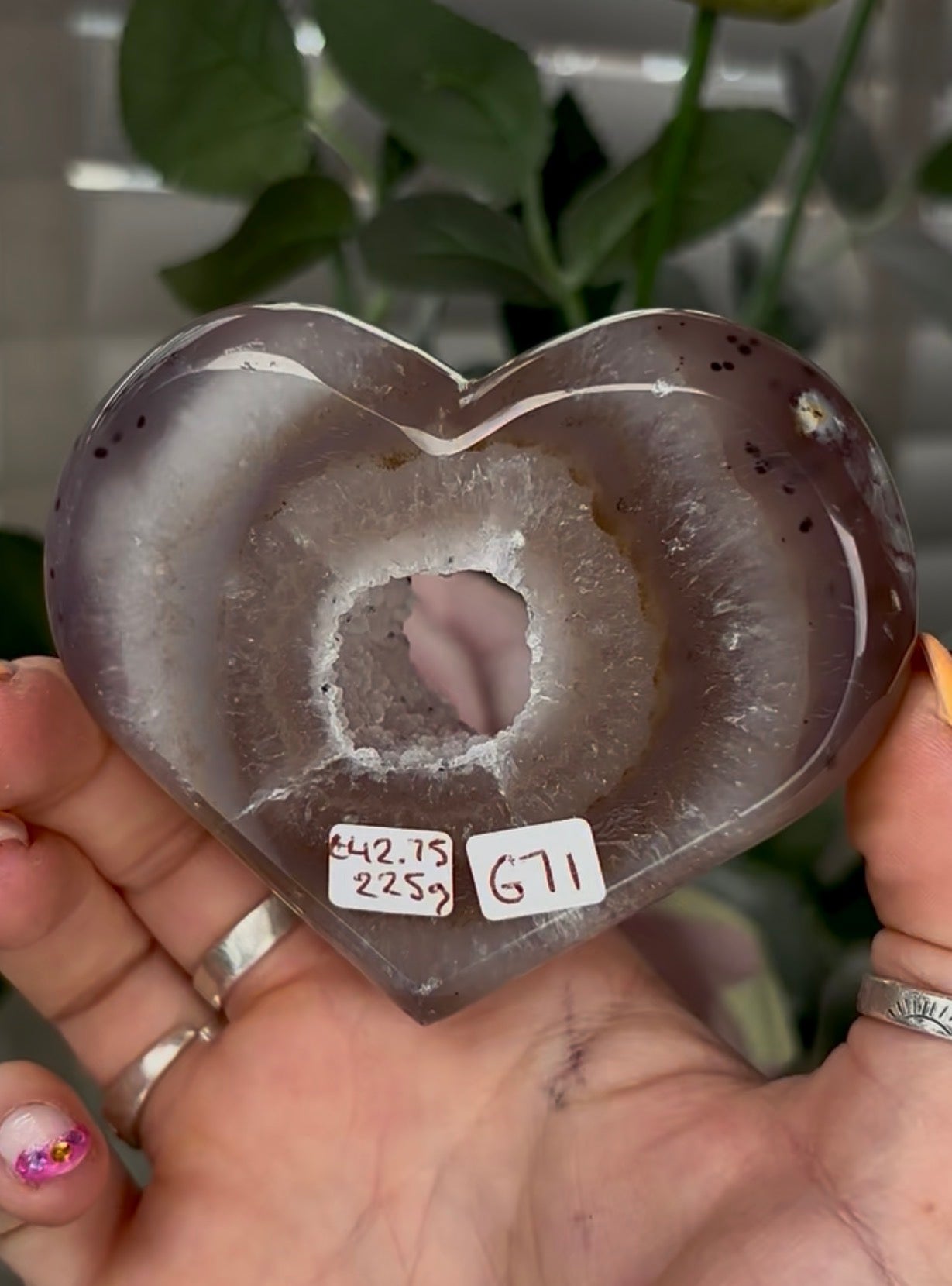 Beautiful, high grade, agate heart with druzy portal - comes with stand