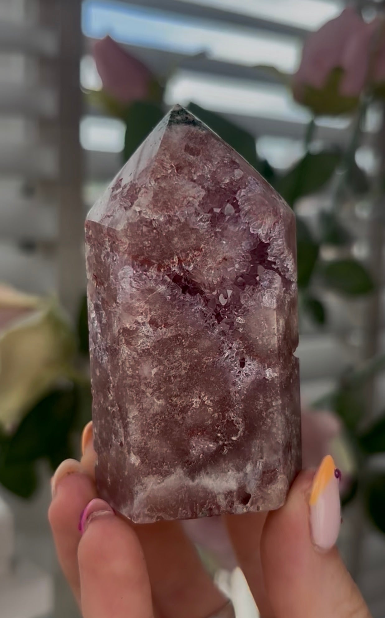 Beautiful, Pink amethyst tower with quartz druzy