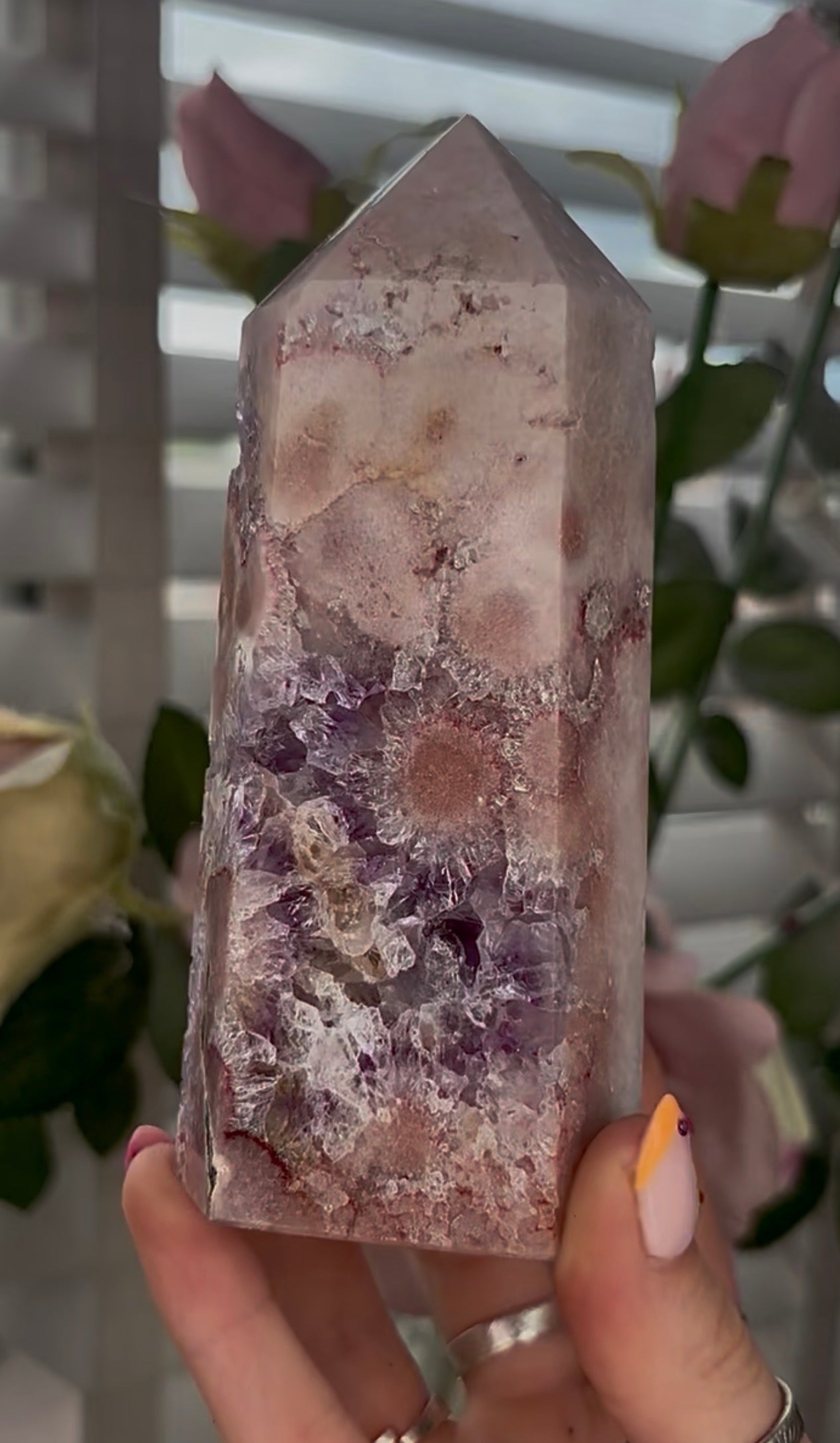 Pretty, Pink amethyst tower, with purple quartz druzy