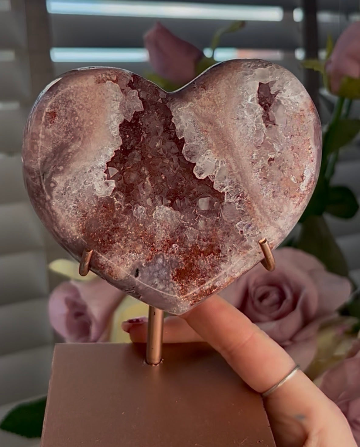 High quality pink amethyst heart - comes with stand