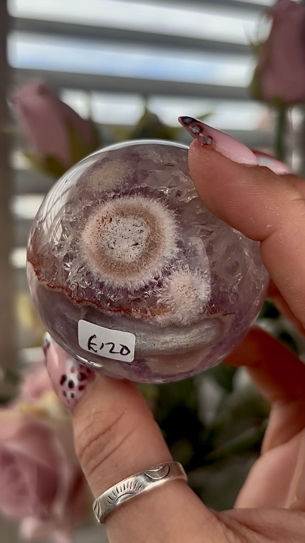 High grade, amethyst Flower agate sphere with high clarity quartz