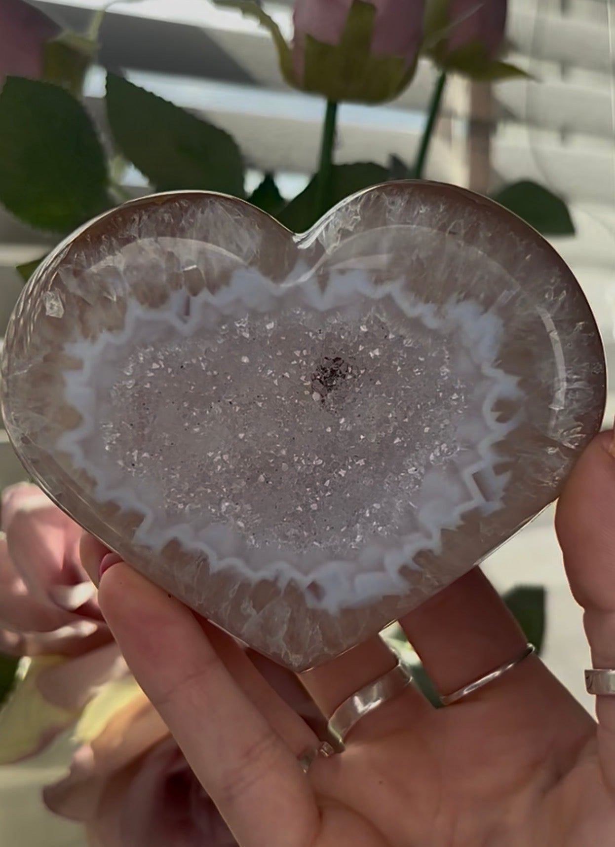 Beautiful, high quality, agate heart with druzy - stand included