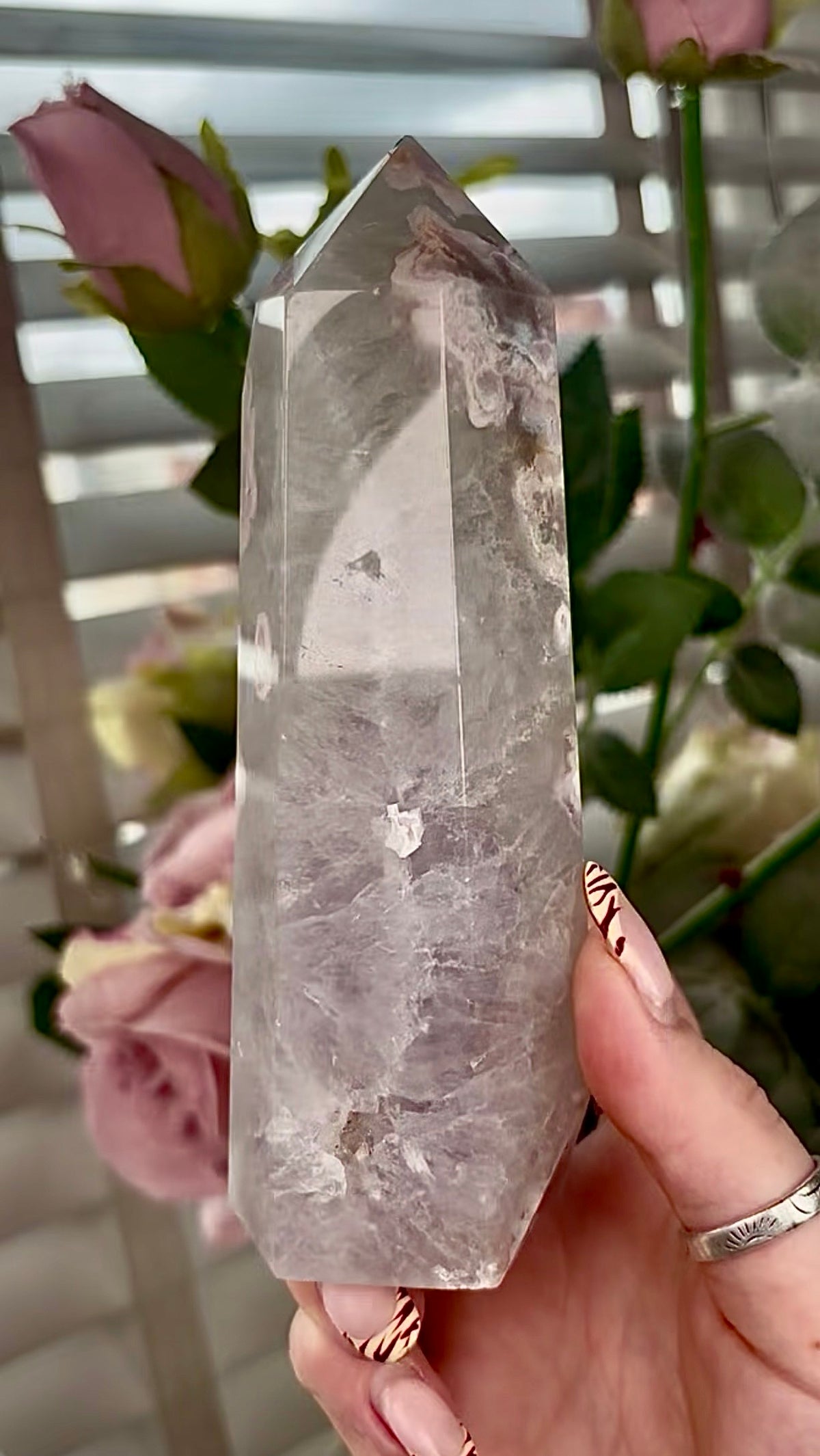Stunning!! Super high quality, Druzy, green chlorite x blue flower agate tower