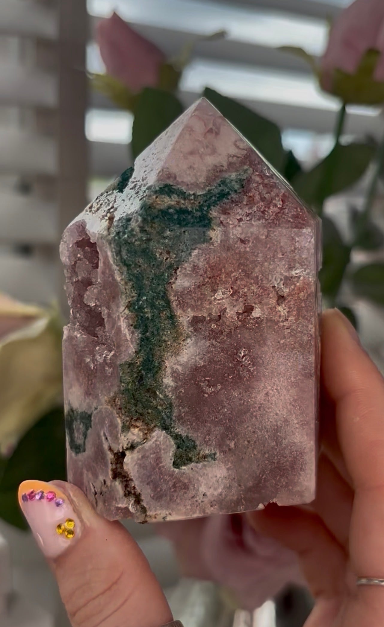 Pretty, high quality, Pink amethyst tower, with lilac quartz druzy