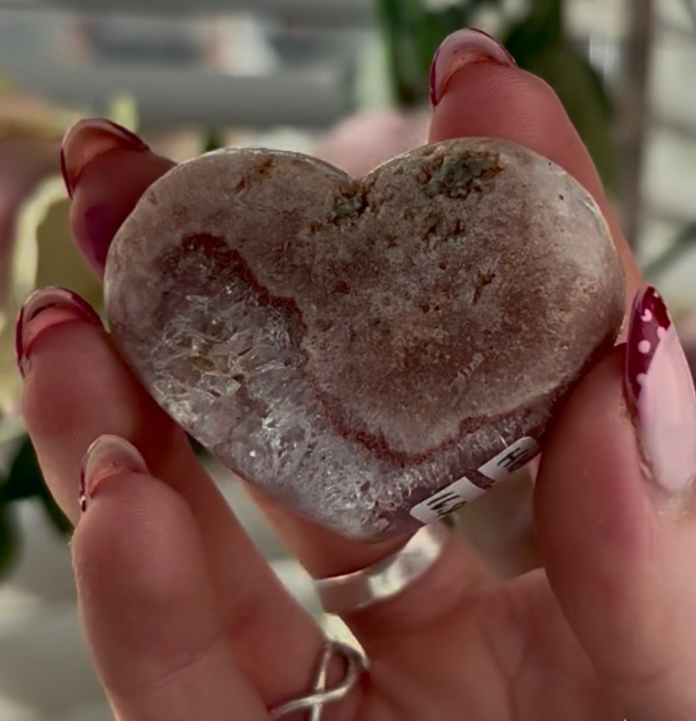 pink amethyst heart with quartz - comes with stand