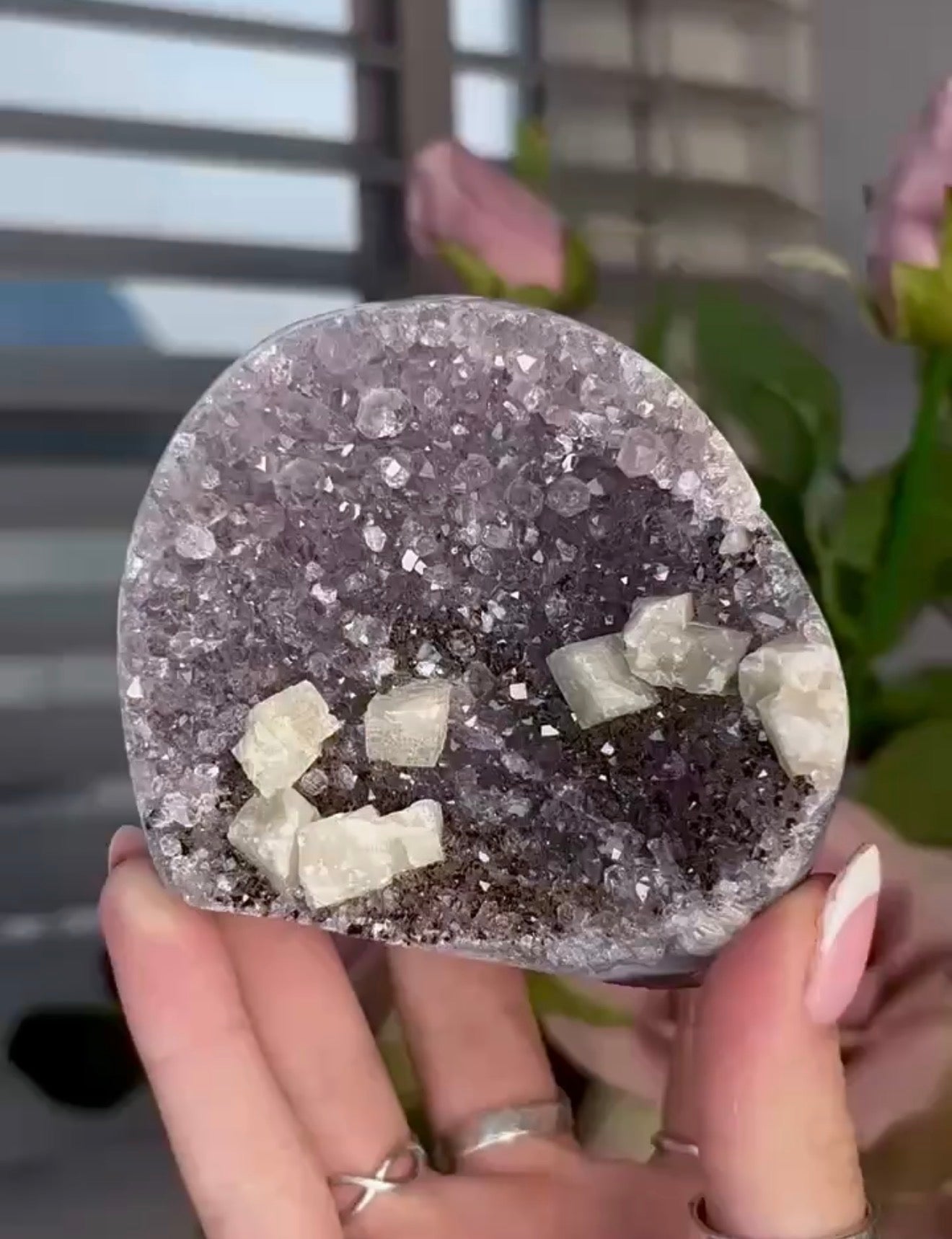 amethyst cutbase with cubic calcite