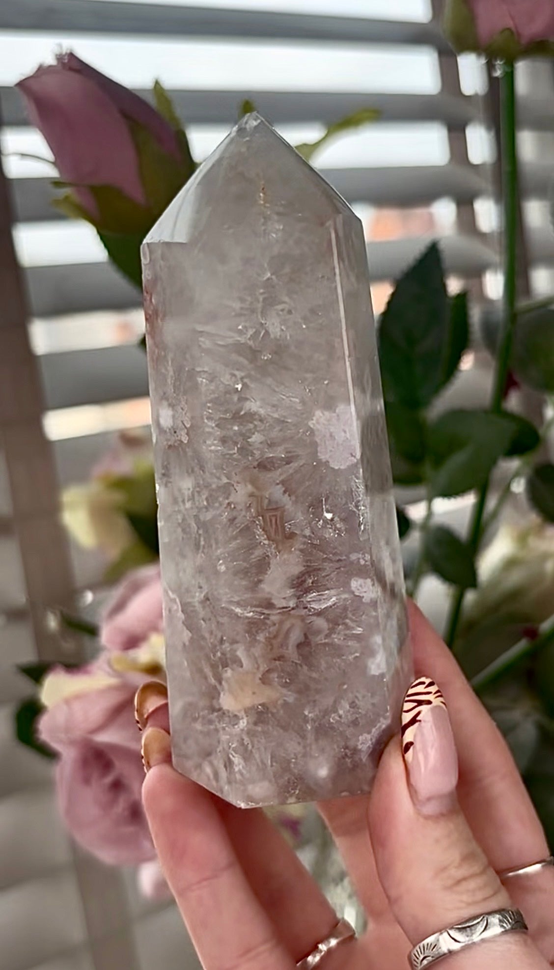Stunning!! Super high quality, Druzy, green chlorite x blue flower agate tower