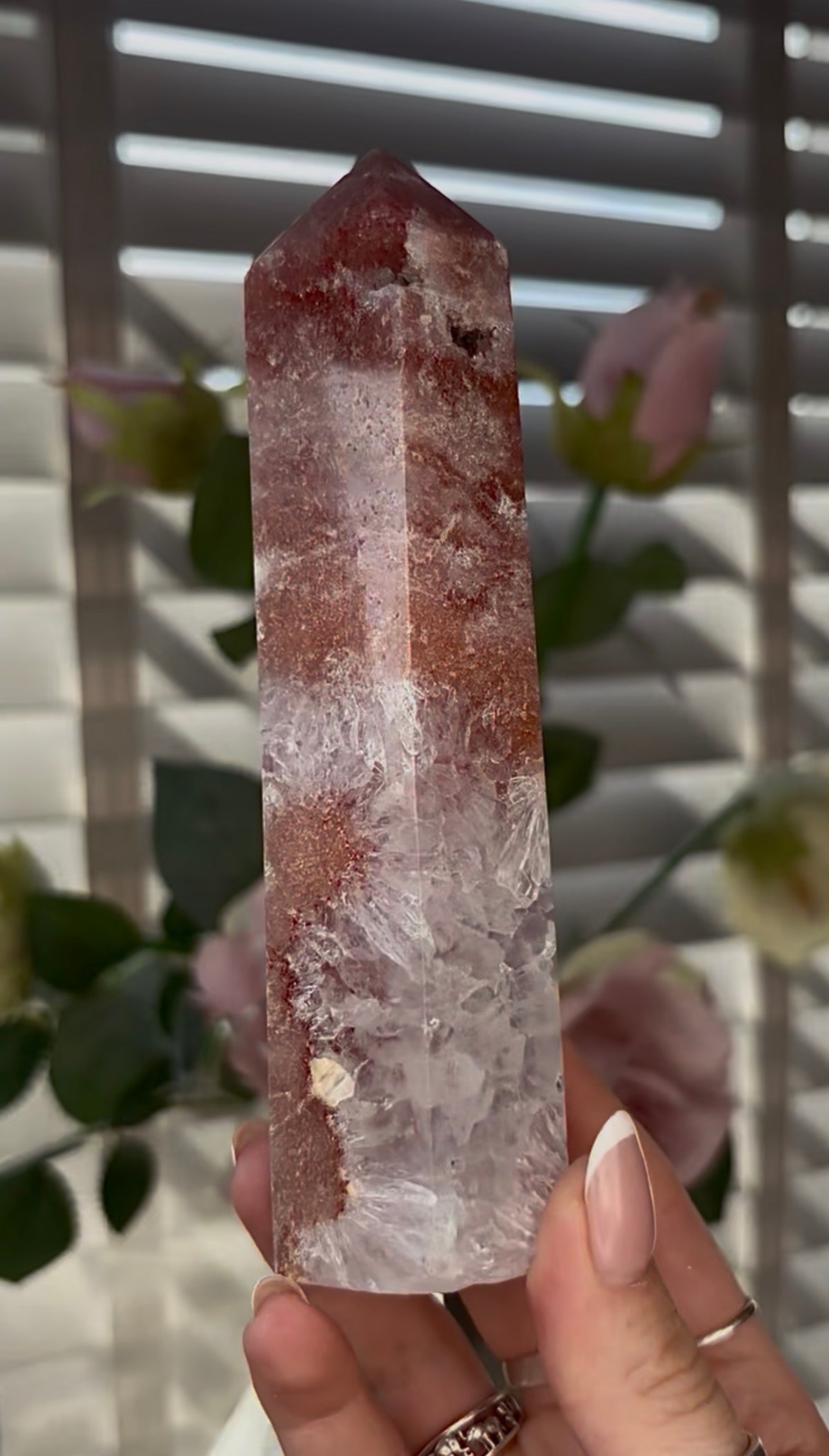 Beautiful, high quality, Pink amethyst tower 15.2cm(h) by 4cm(w)