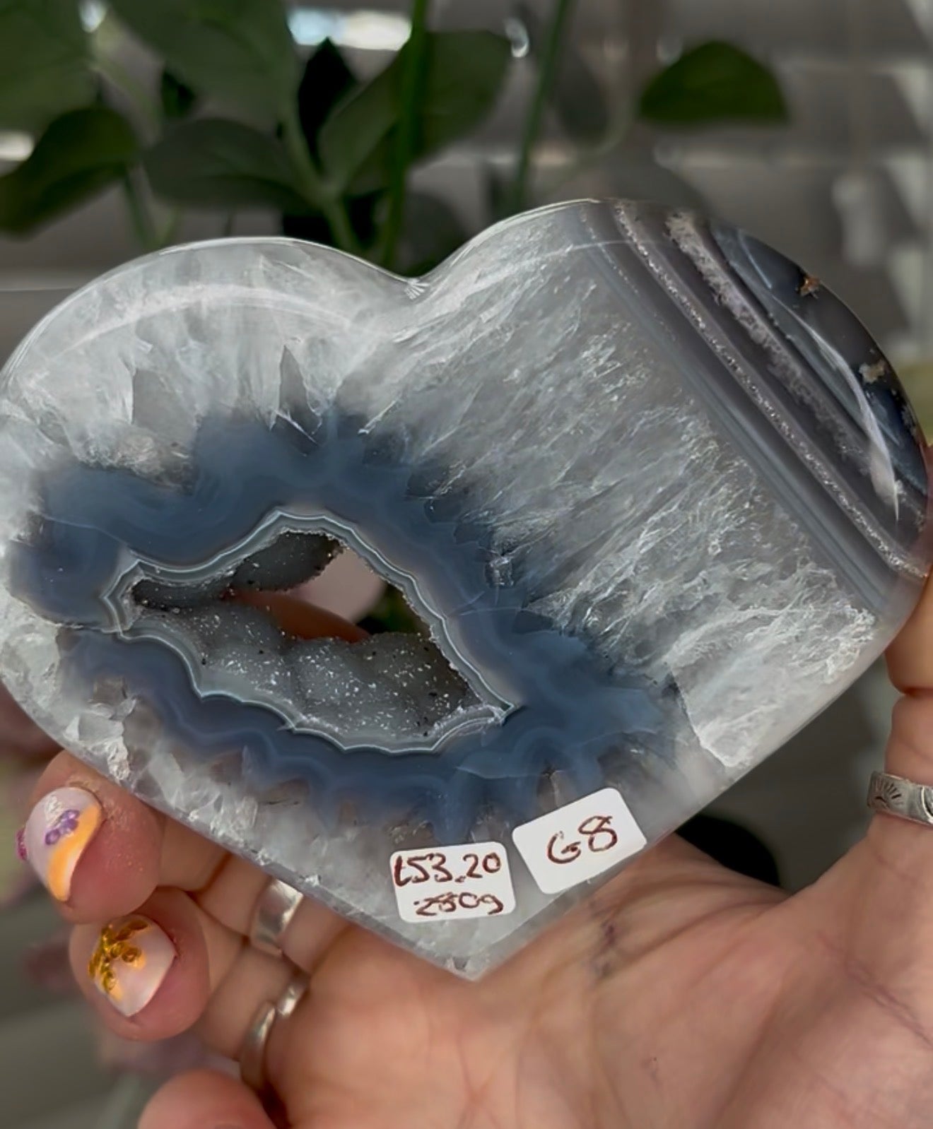 Beautiful, high quality, blue banded agate heart with druzy - stand included