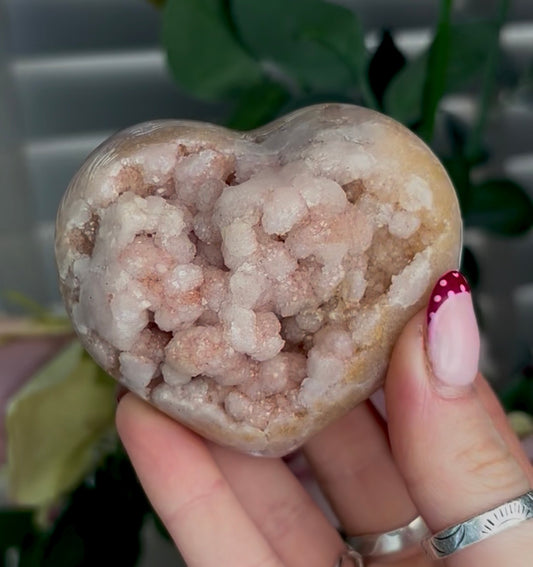 pink amethyst heart with bubble druzy - comes with stand