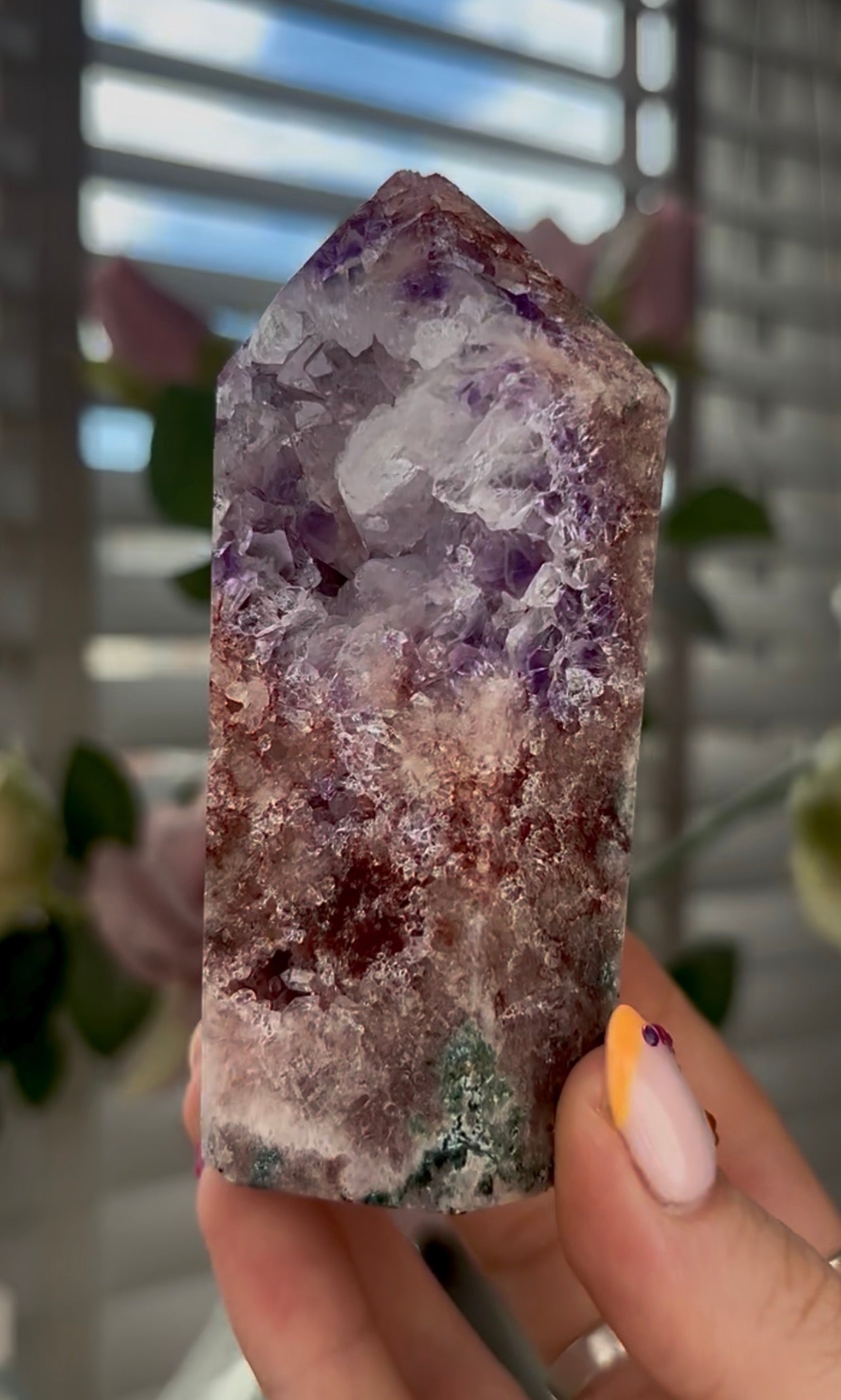 Beautiful, high quality, Pink amethyst tower with purple & quartz druzy with green jasper