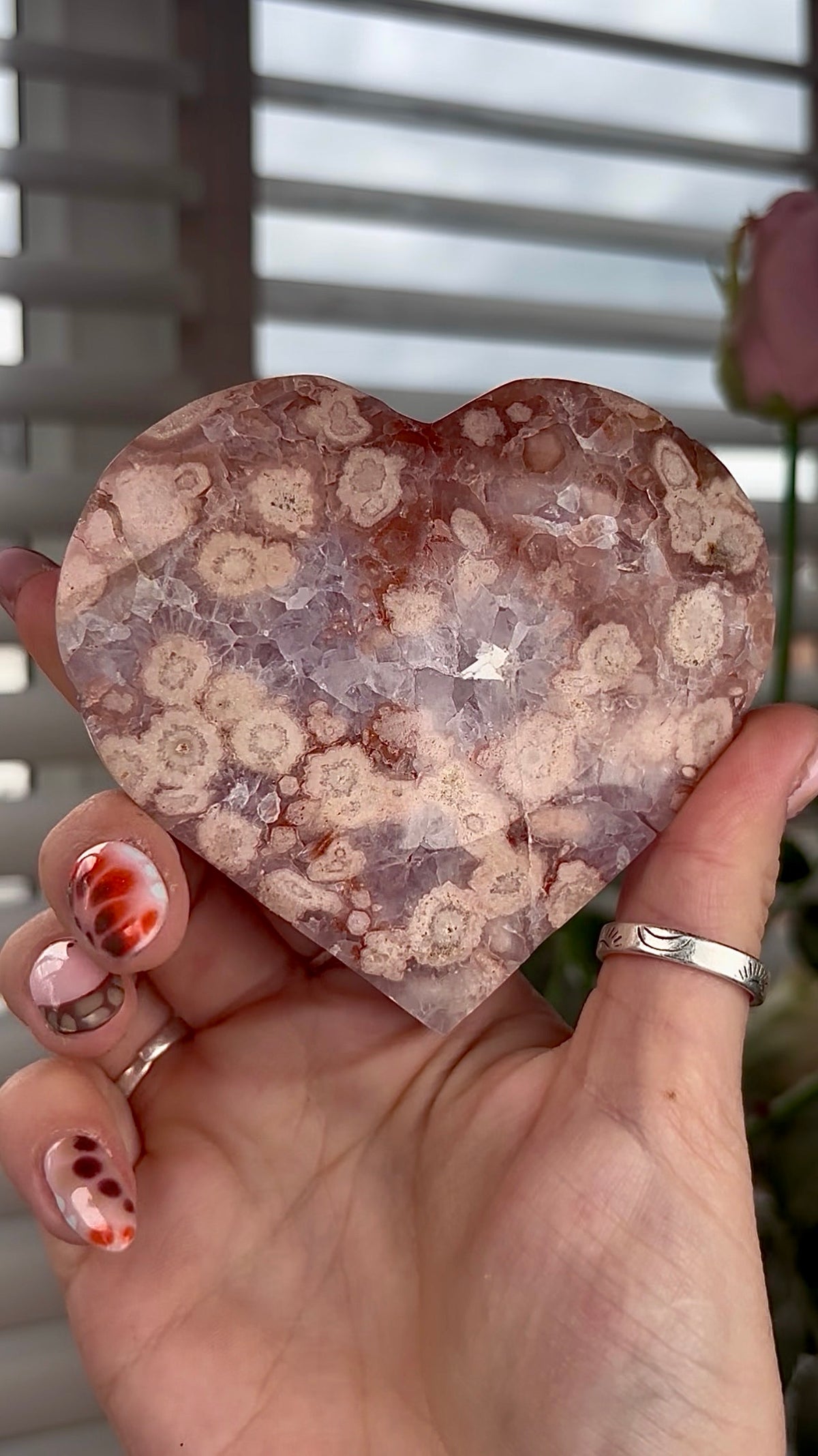 High grade, amethyst Flower agate heart with high clarity quartz