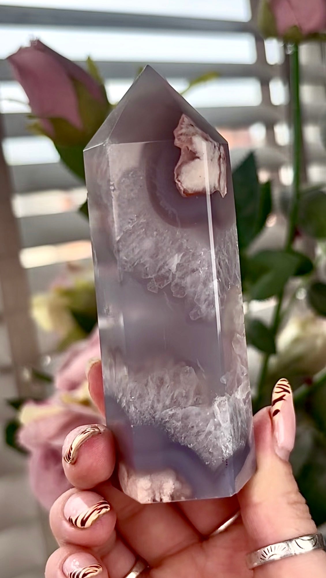 Stunning!! Super high quality, Druzy, green chlorite x blue flower agate tower