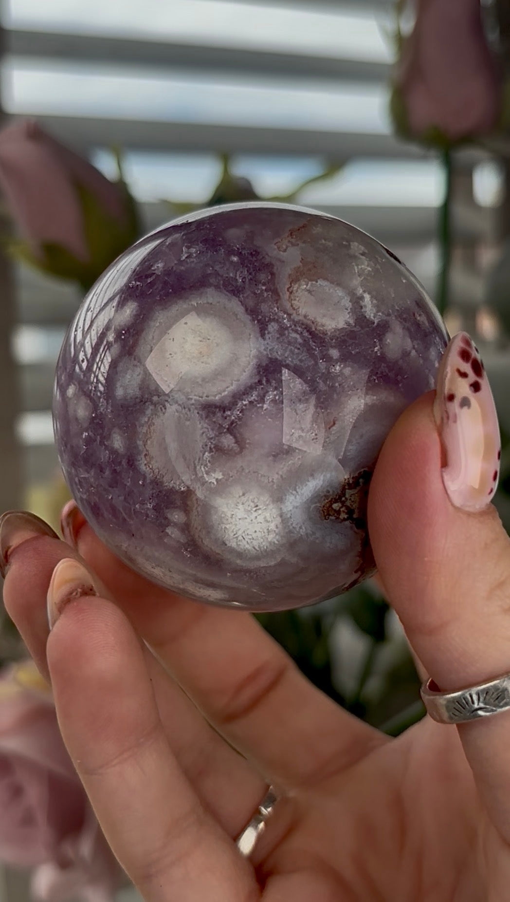High grade, amethyst Flower agate sphere