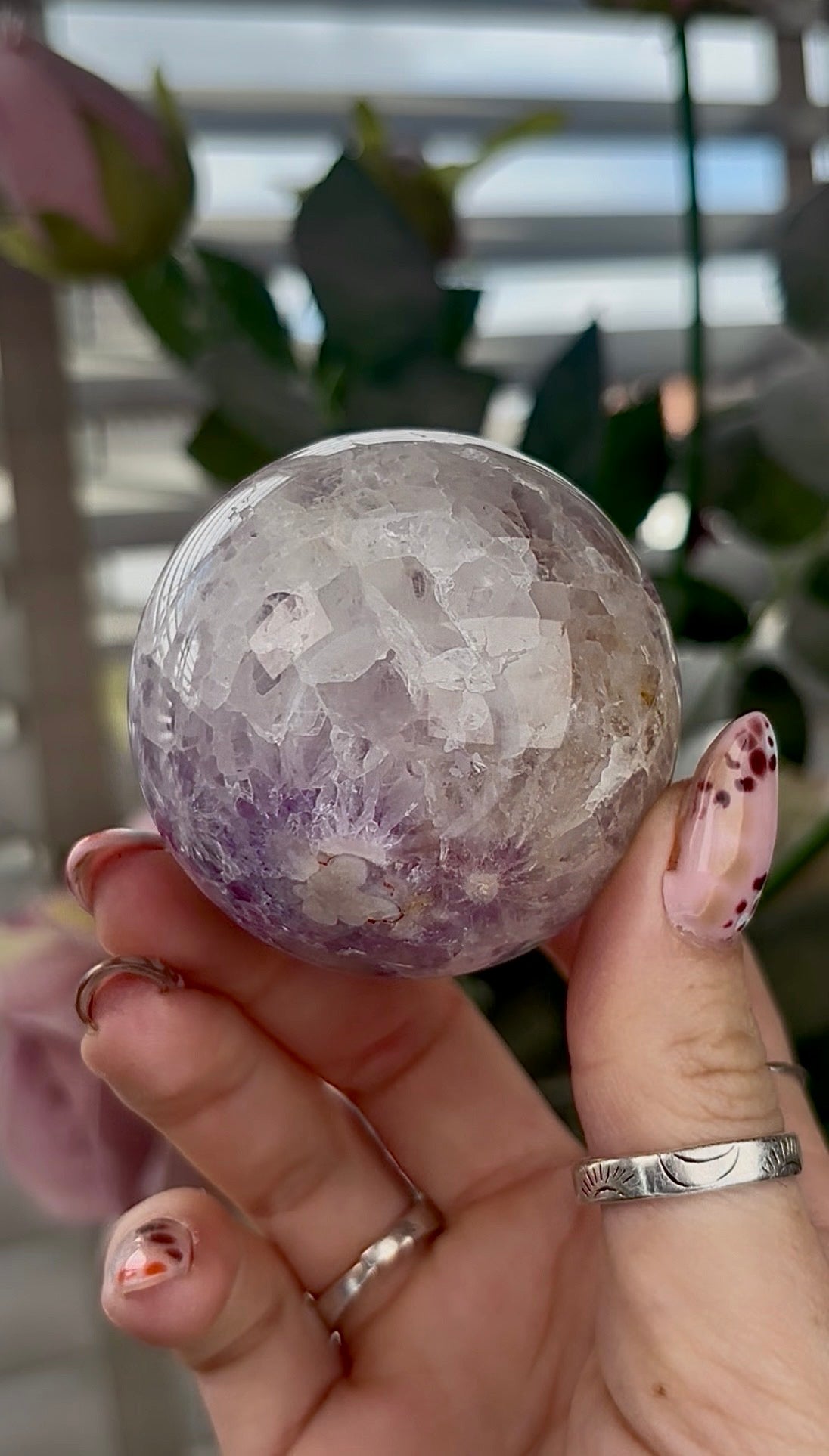 High grade, amethyst Flower agate sphere with druzy quartz- 5.5cm