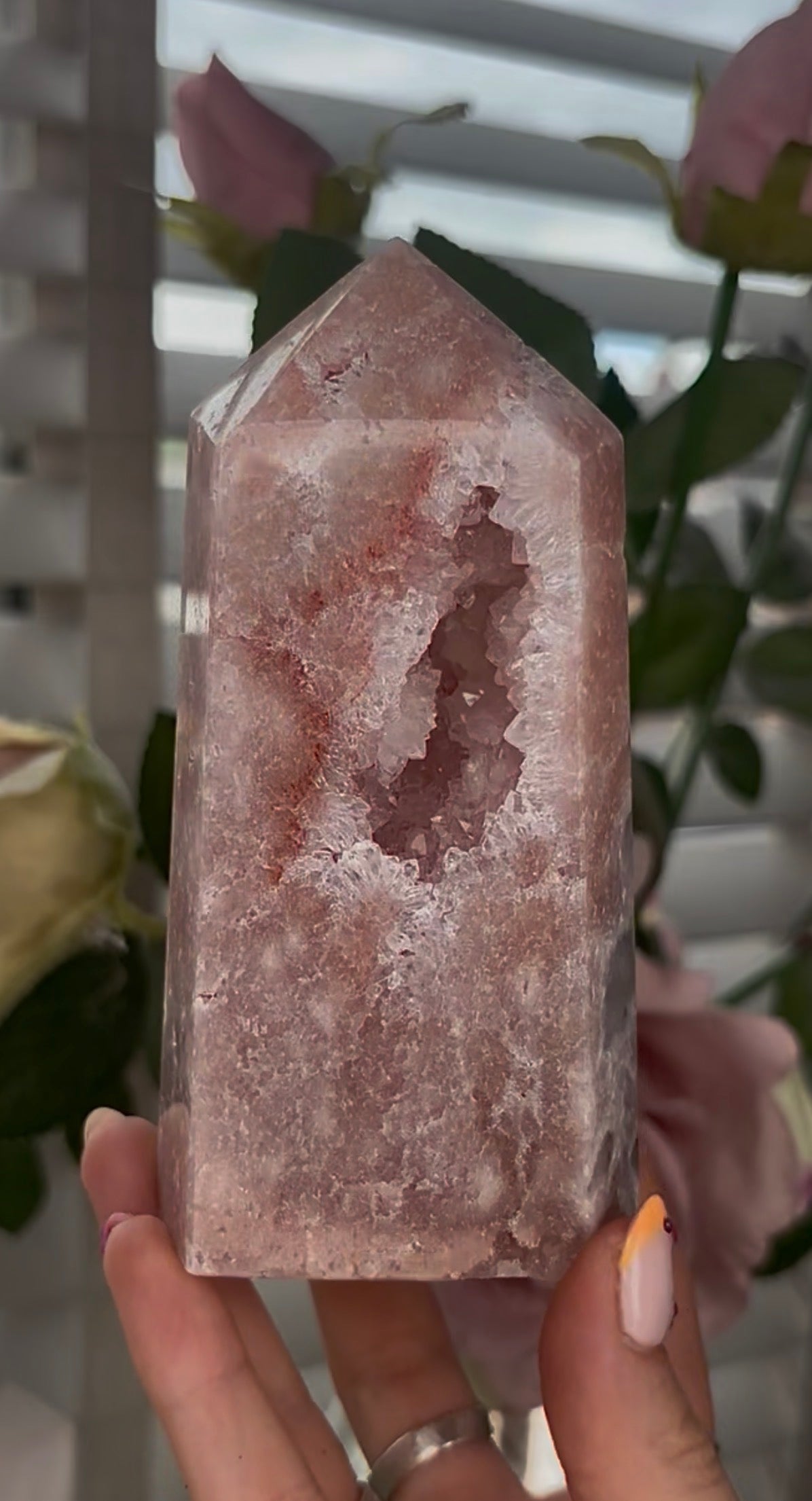 Pretty, Pink amethyst tower, with quartz druzy