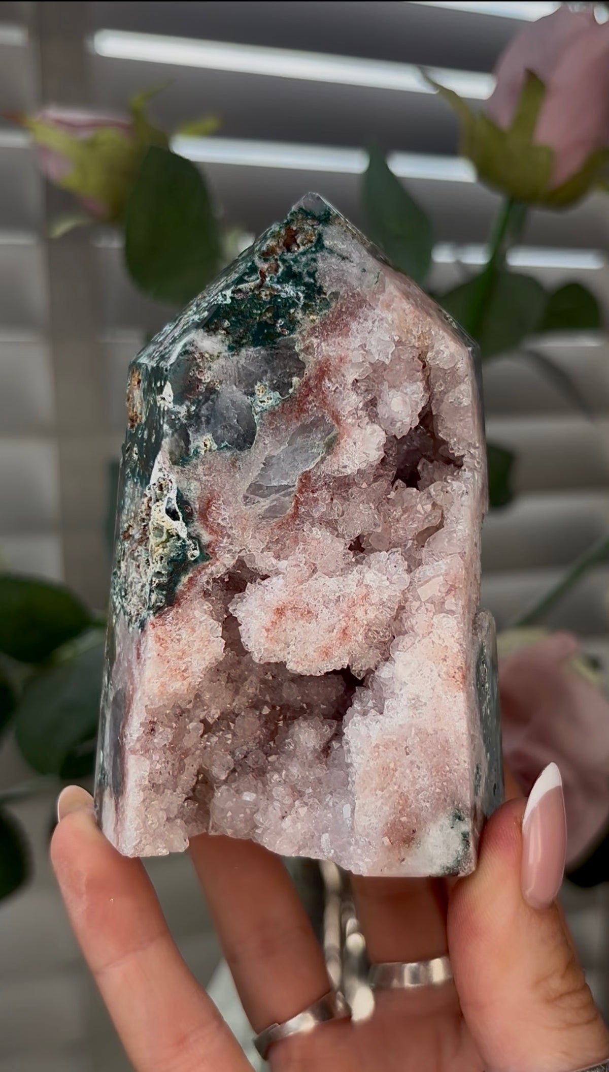 Beautiful, high quality, Pink amethyst tower with Jasper 10.2cm(h) by 6.5cm(w)