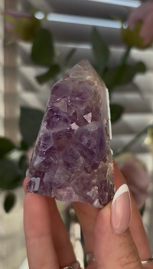 Beautiful, chunky Pink amethyst tower with purple quartz 7cm(h) by 4.5cm(w)
