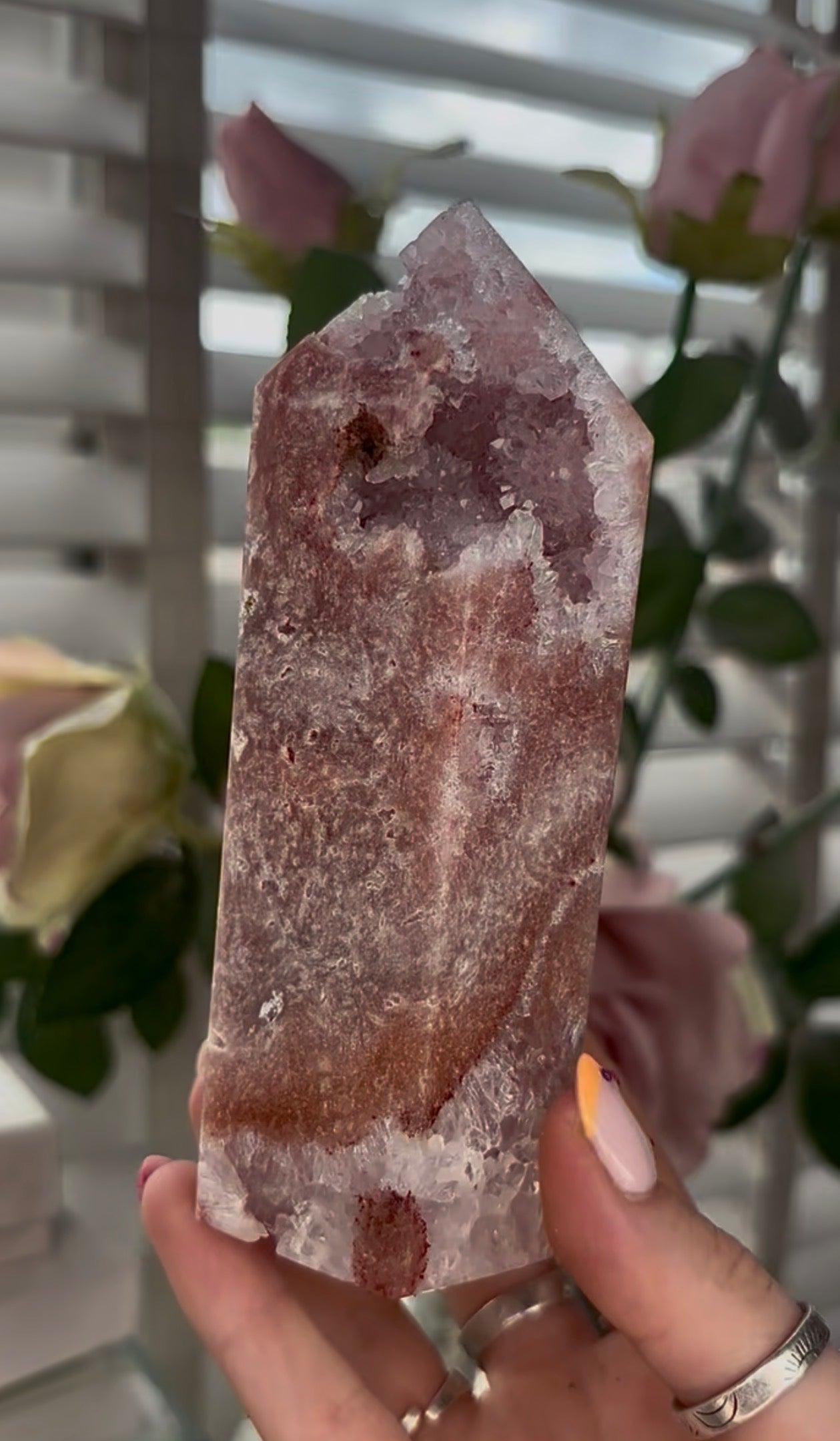 Pretty, Pink amethyst tower with quartz druzy