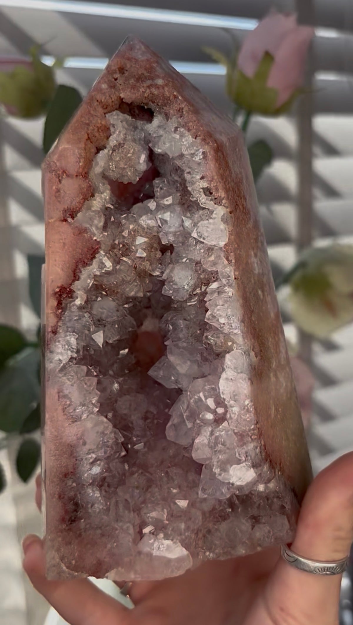 Beautiful, huge, chunky Pink amethyst tower with quartz teeth 16.5cm(h) by 9.4cm(w)