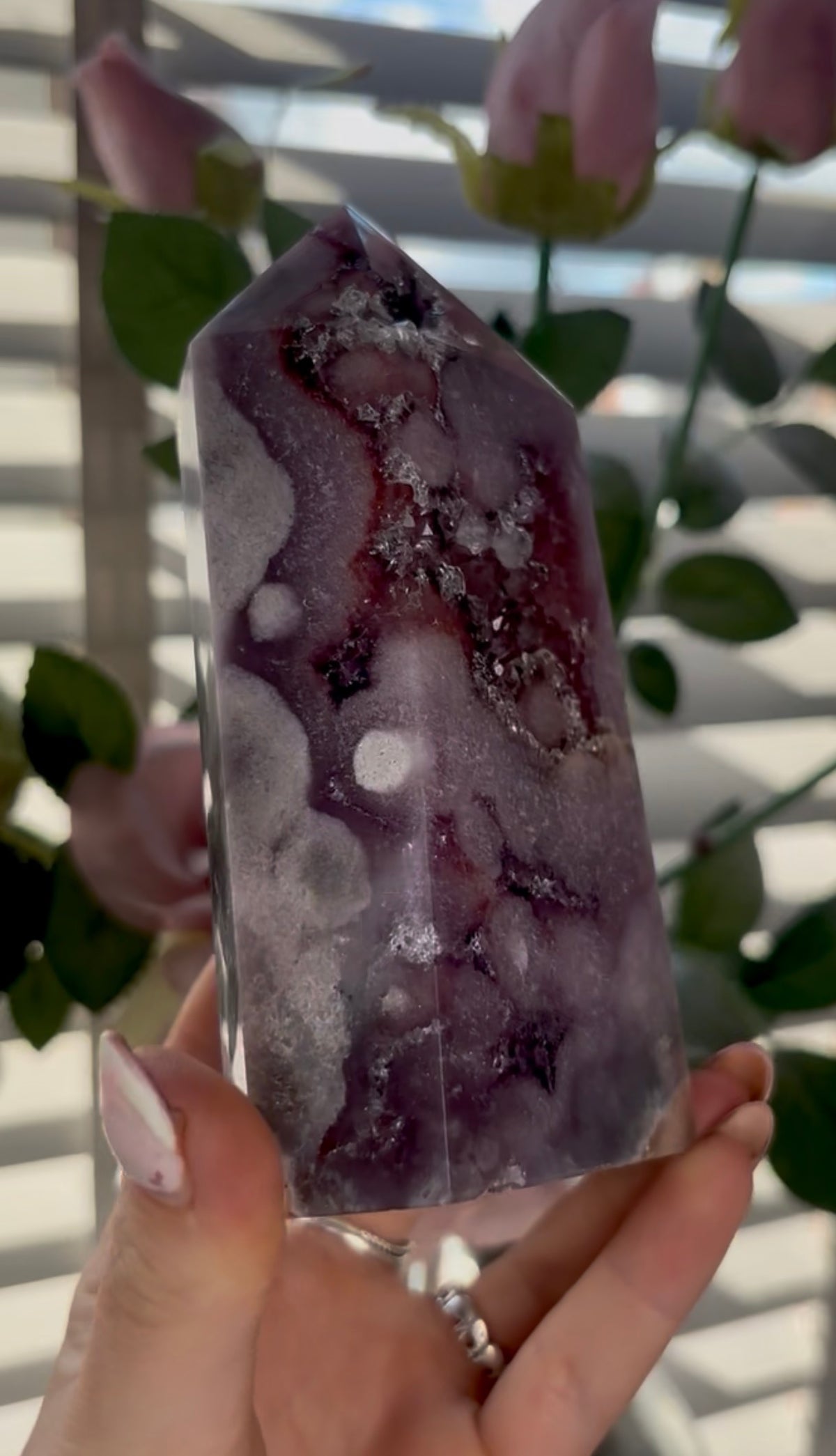 Beautiful, high quality, Pink amethyst tower in lilac tones with vibrant purple druzy